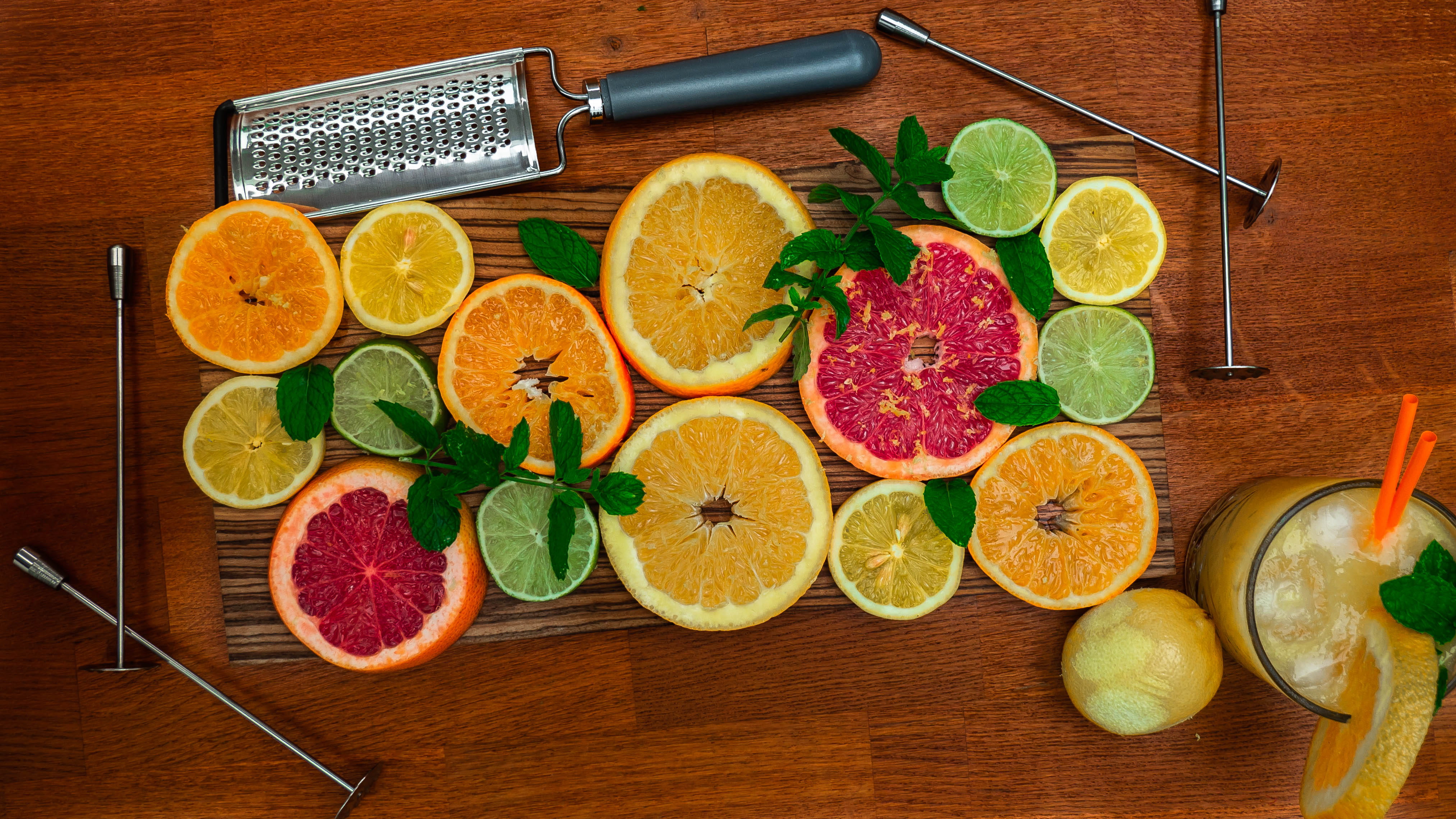 food, herb, 4K, healthy eating, freshness, plant part, cocktail, confectionery, grapefruit, berry fruit, indoors, lime, wellbeing, directly above, no people, HD Wallpaper