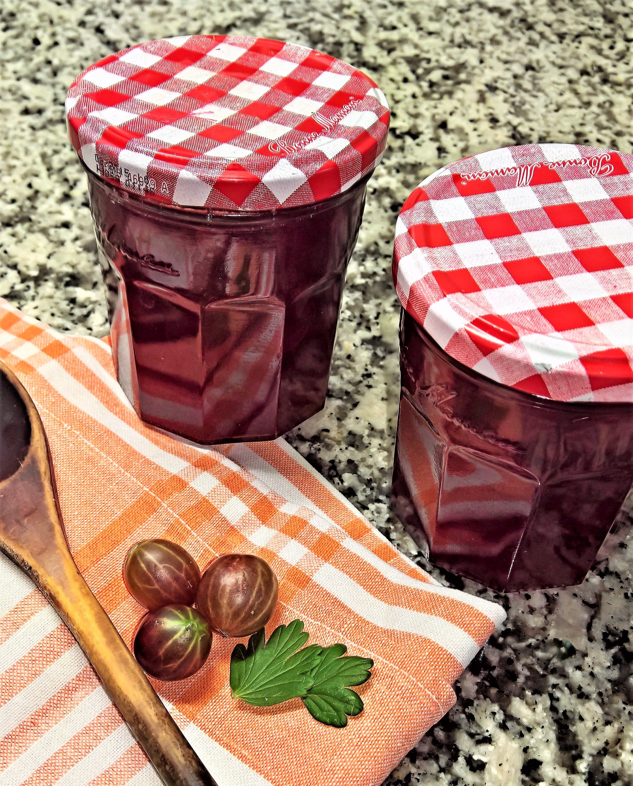 Jam, jam jars, delicious, Boil, close-up, tablecloth, red gooseberries, napkin, fruity, textile, beside, pattern, serving, food and drink, 2K, checked pattern, Phone HD Wallpaper