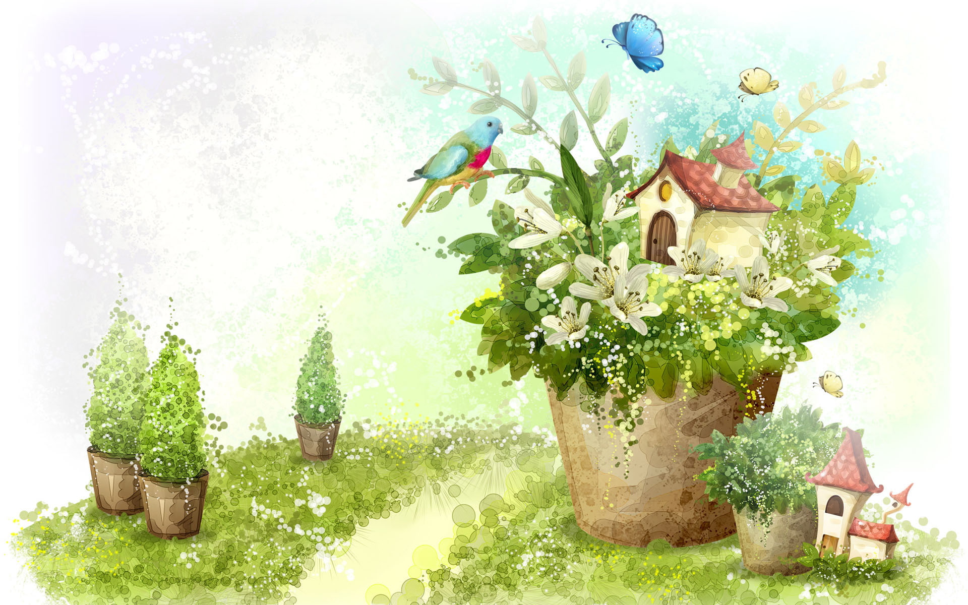 pot, bird, creativity, potted, people, green color, day, plants, flowers, nature, house, motion, Lily, figure, flowering plant, hut, butterfly, studio shot, HD Wallpaper