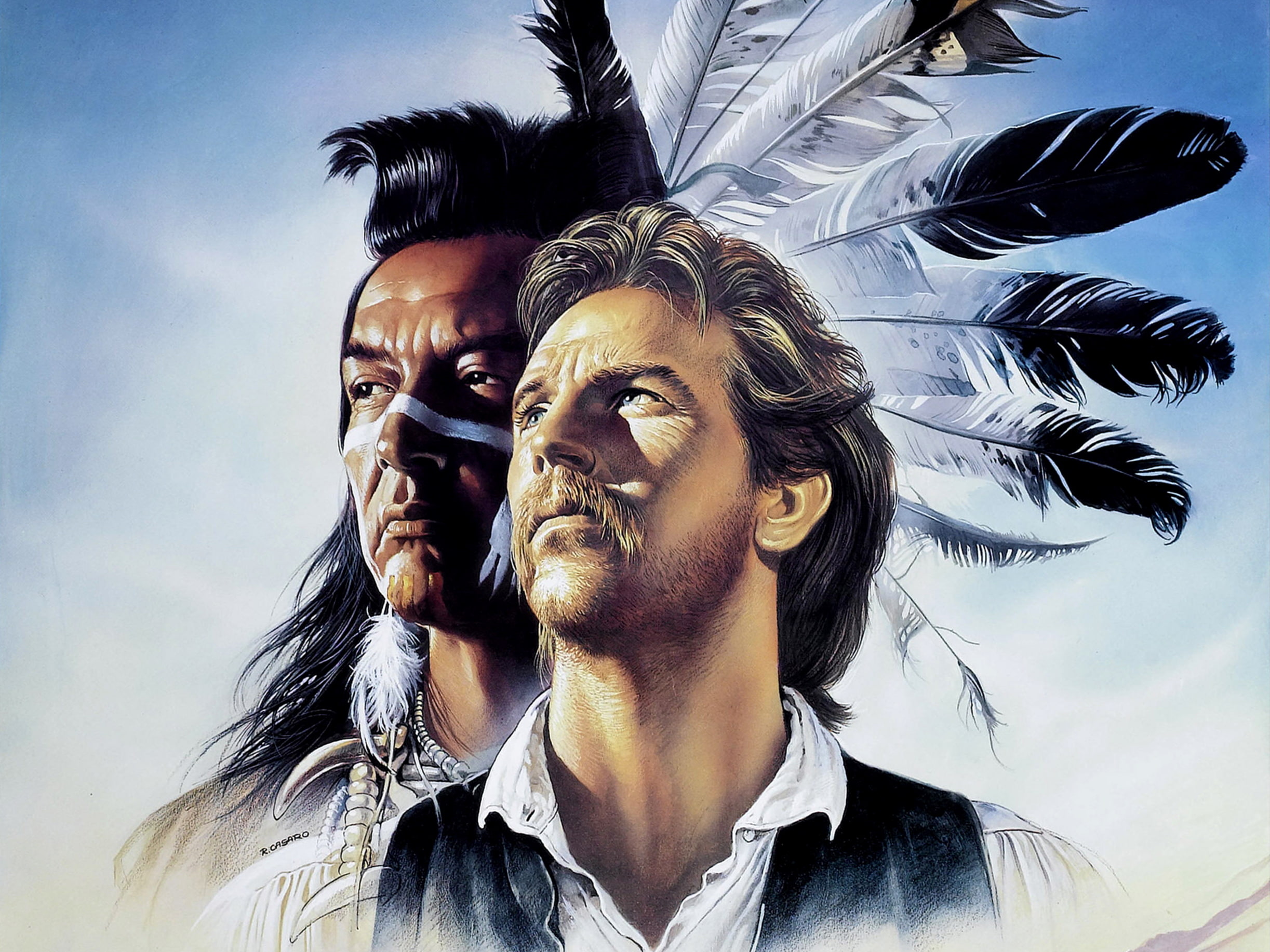 John Dunbar, Graham Greene, drama, Kicking Bird, Western, 1080P, adventure, Kevin Costner, Dances with Wolves, actors, characters, figure, painting, HD Wallpaper