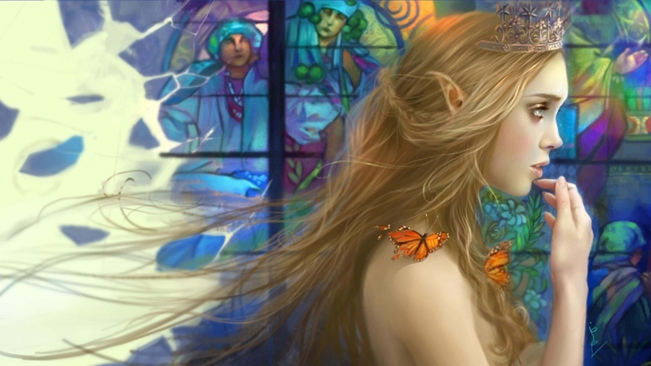 butterfly, orange butterflies, 3d and abstract, 2K, girl, fantasy, stained glass, woman, elf, HD Wallpaper