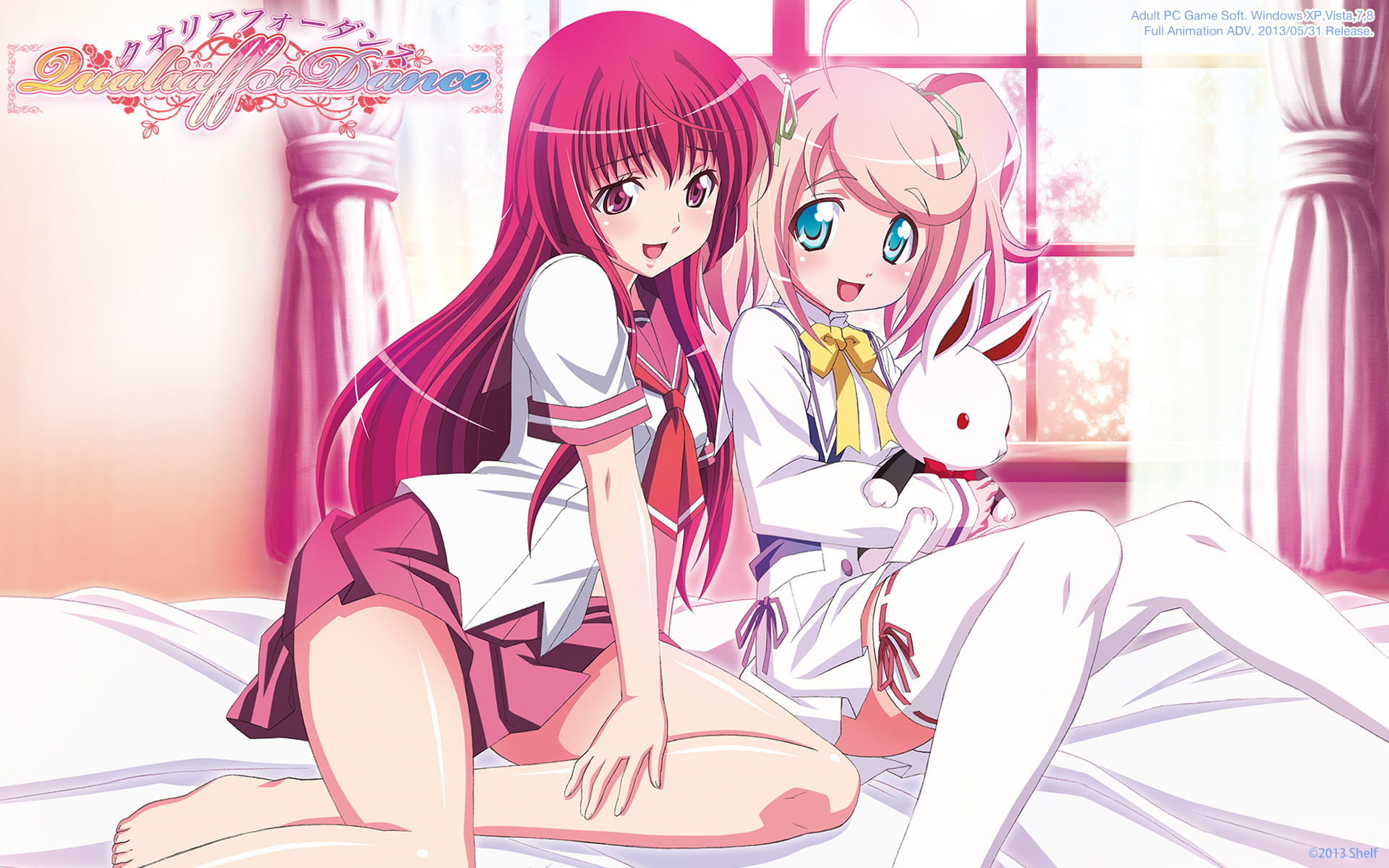 hideki, sakine, furniture, girls, women, hair, ichimura, hairstyle, people, looking at camera, pink, haruna, bed, innocence, real people, seifuku, childhood, HD Wallpaper