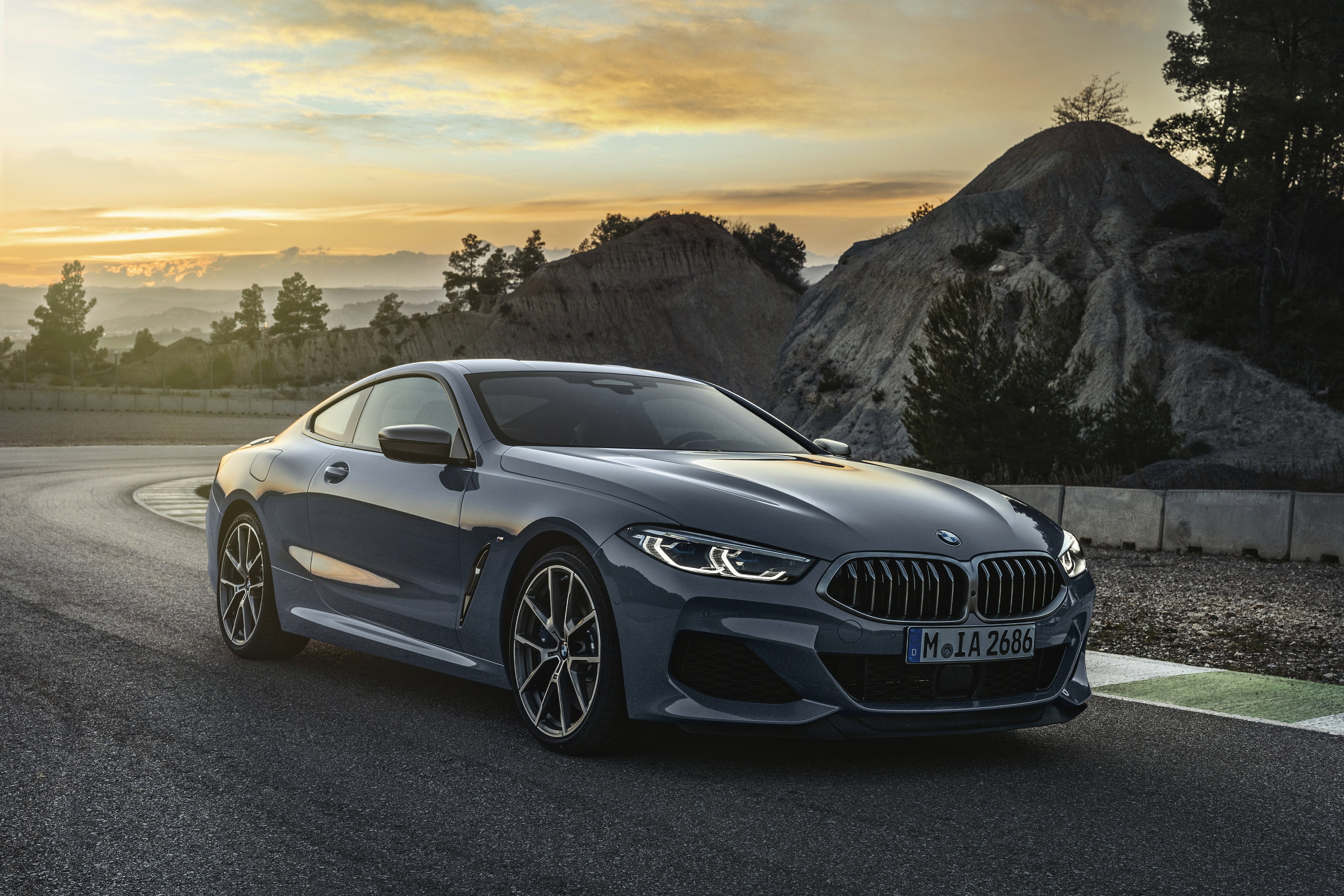 gray-blue, 4K, vegetation, G15, hills, pale blue, 2018, Eight, BMW, sunset, Coupe, 8-Series, M850i xDrive, HD Wallpaper