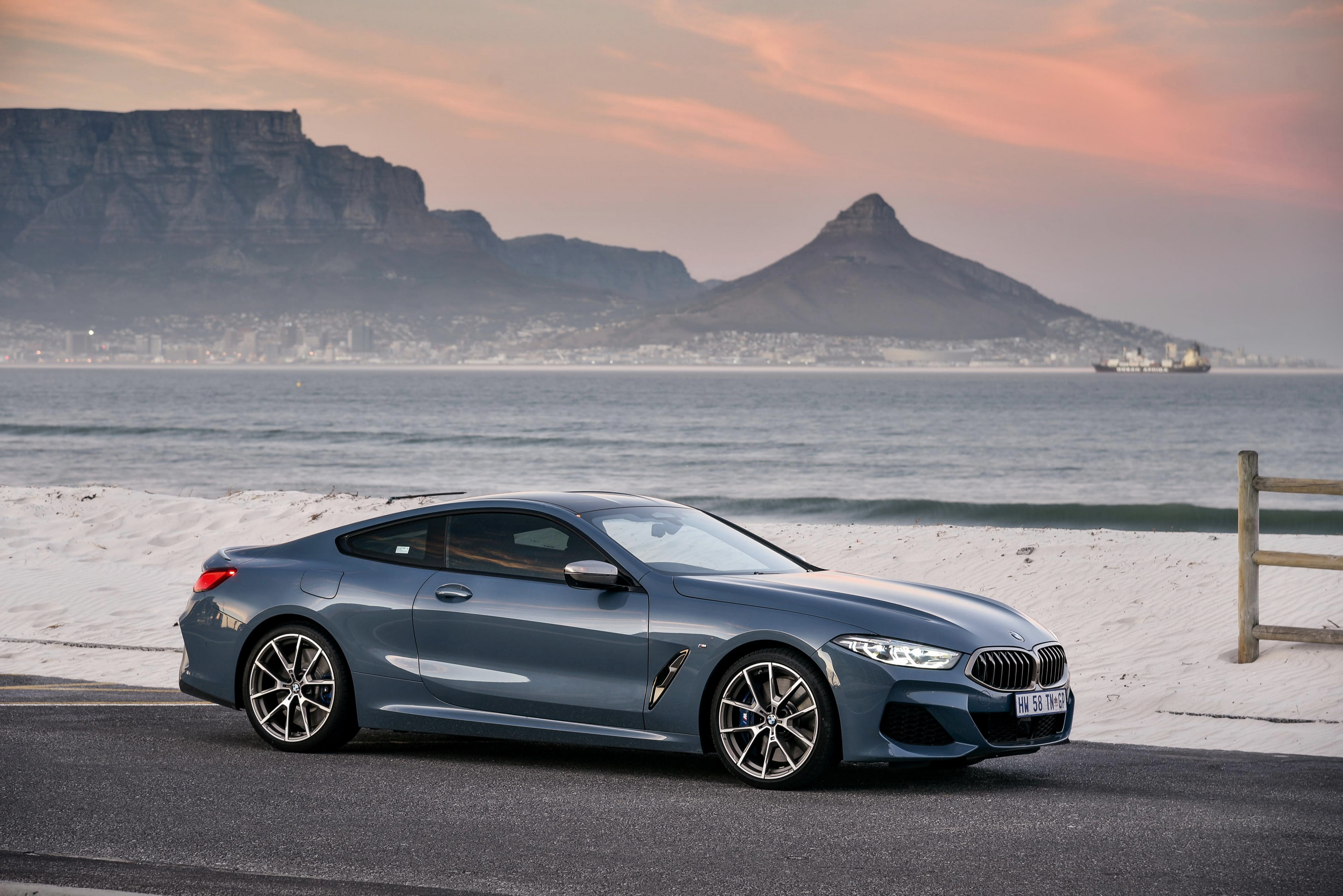 coupe, pale blue, 8-Series, 2019, BMW, Eight, 4K, wave, M850i xDrive, rocks, 2018, G15, HD Wallpaper