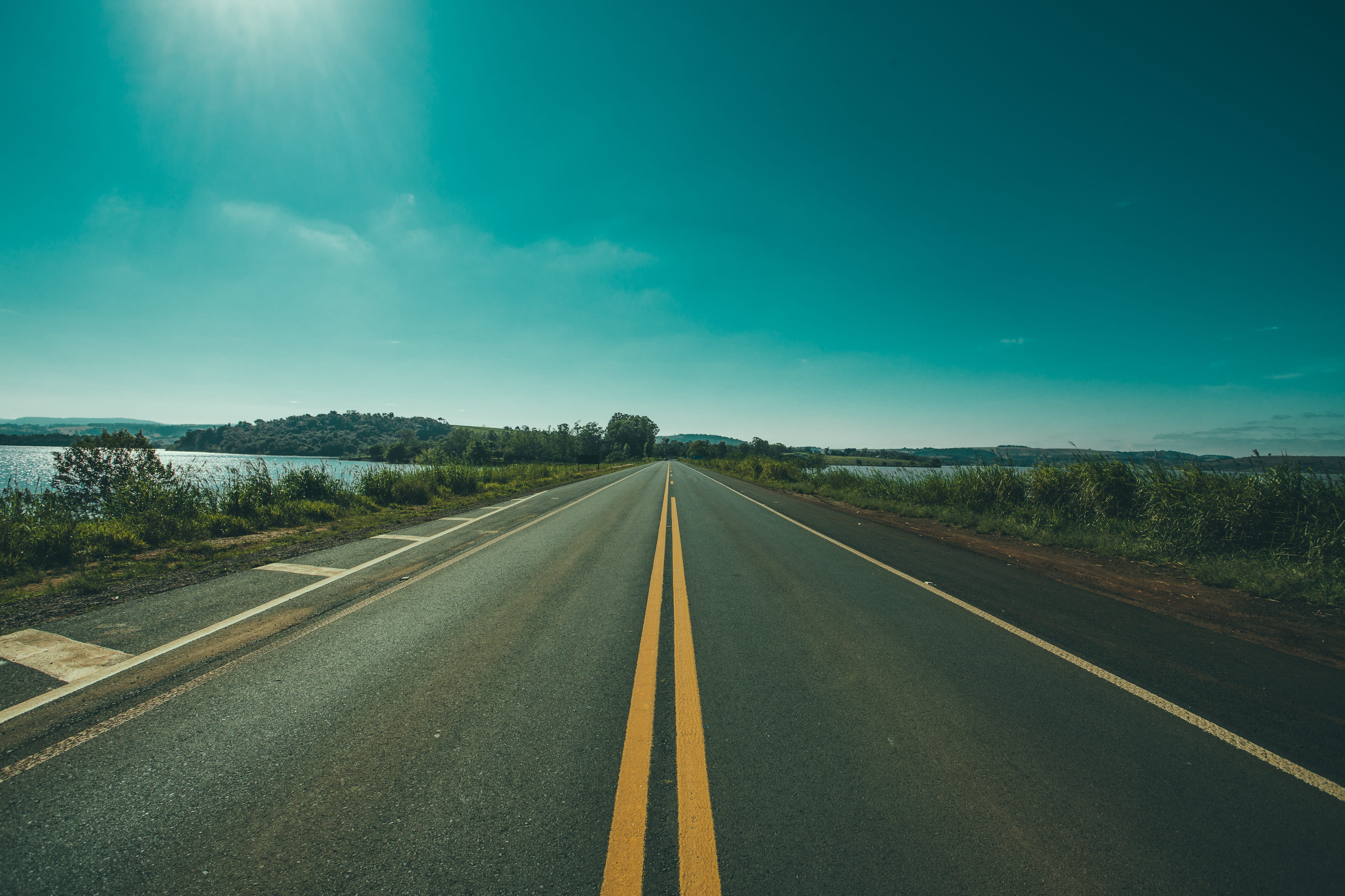 marking, grasses, panoramic, symbol, tranquil scene, body, diminishing perspective, guidance, sky, transportation, double yellow line, sign, waters, 5K, HD Wallpaper