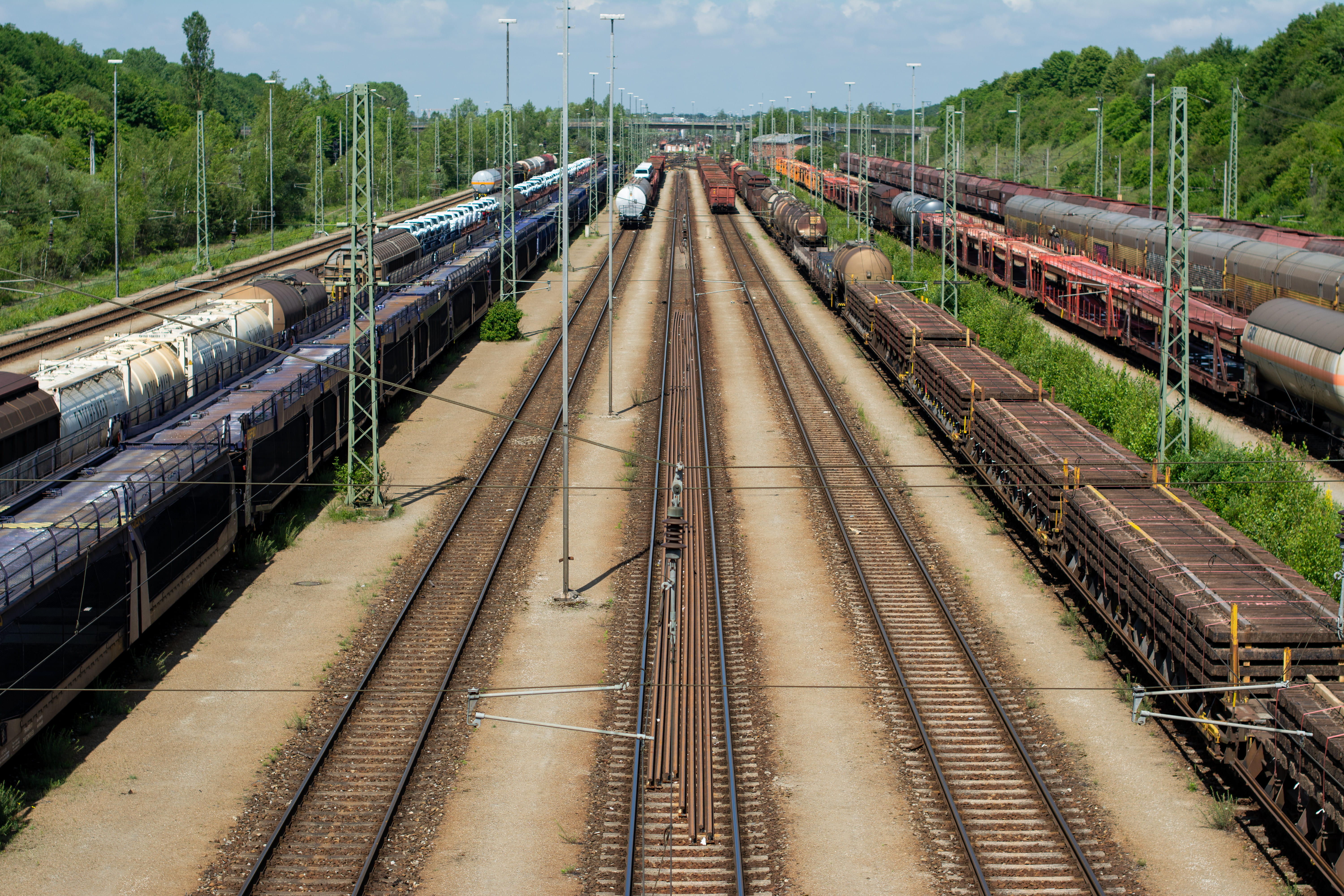 track, rail transportation, tree, power supply, outdoors, high angle view, the way forward, railroad track, no people, public transportation, 5K, day, HD Wallpaper