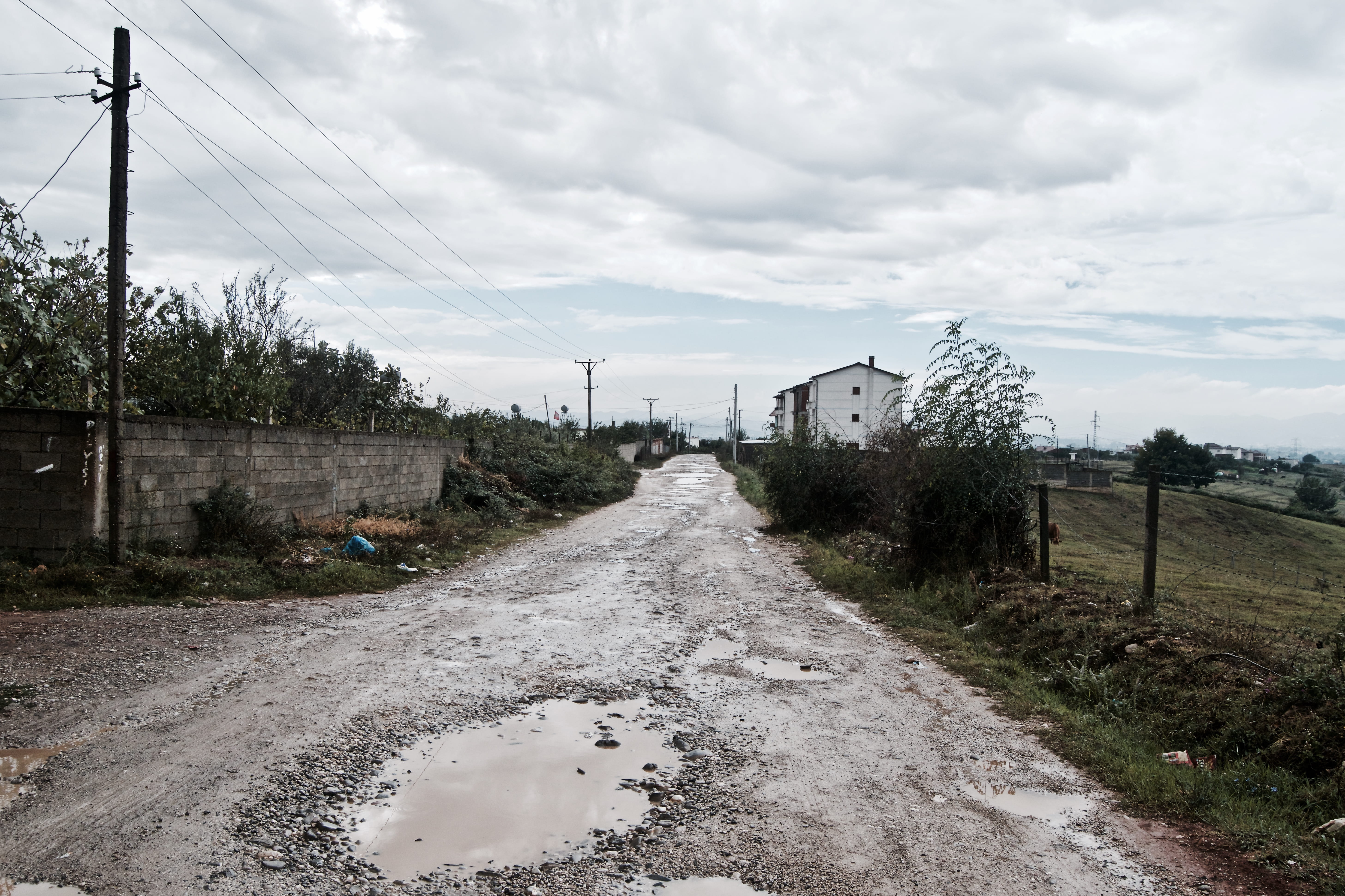 tirana county, vanishing point, cable, power supply, cloud - sky, transportation, poverty, electricity, nature, day, electricity pylon, puddle, technology, HD Wallpaper