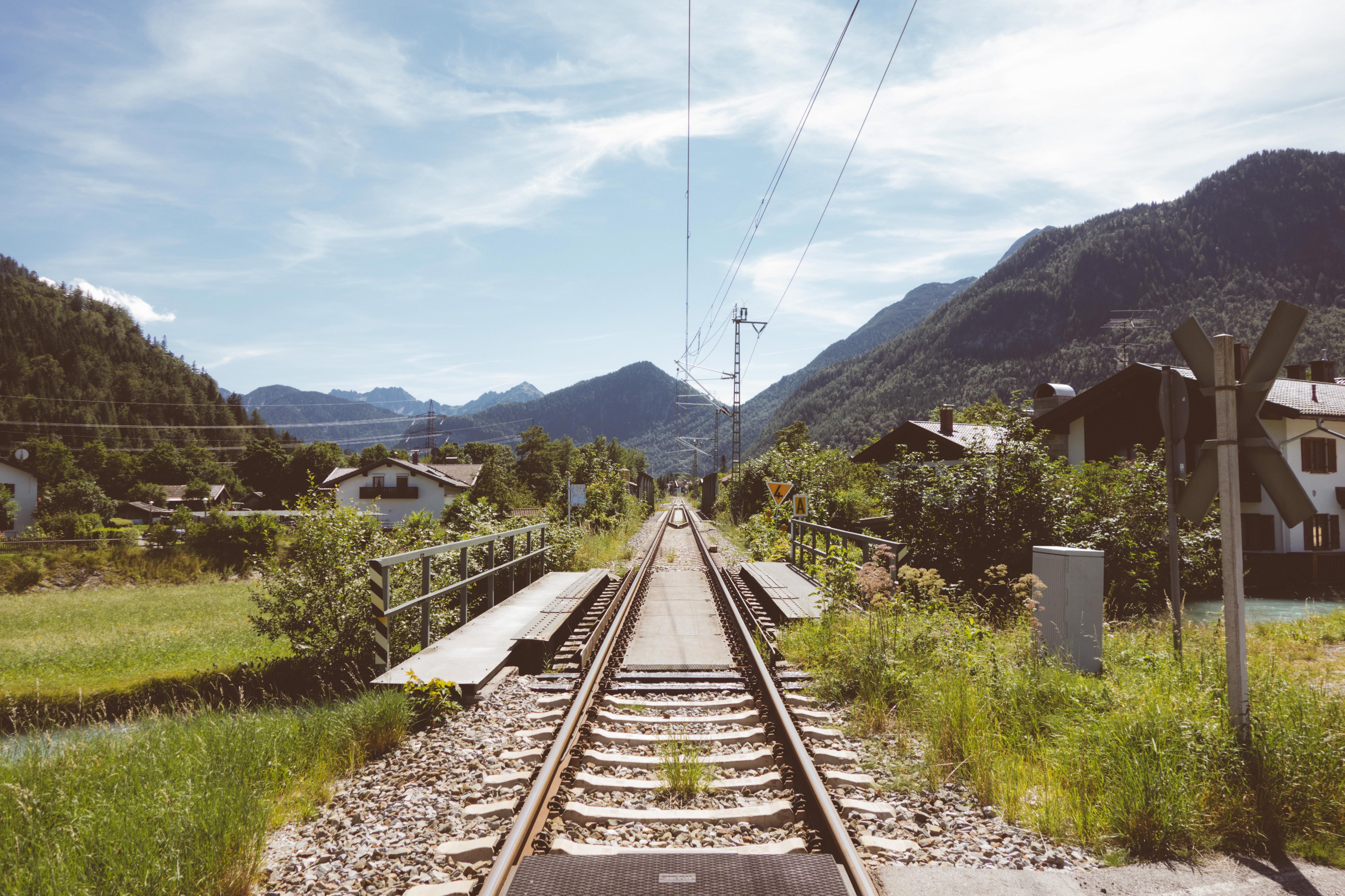 diminishing perspective, sky, direction, track, rail, scenics - nature, meadow, mountains, home, no people, railway, air, middle, power line, adventure, HD Wallpaper