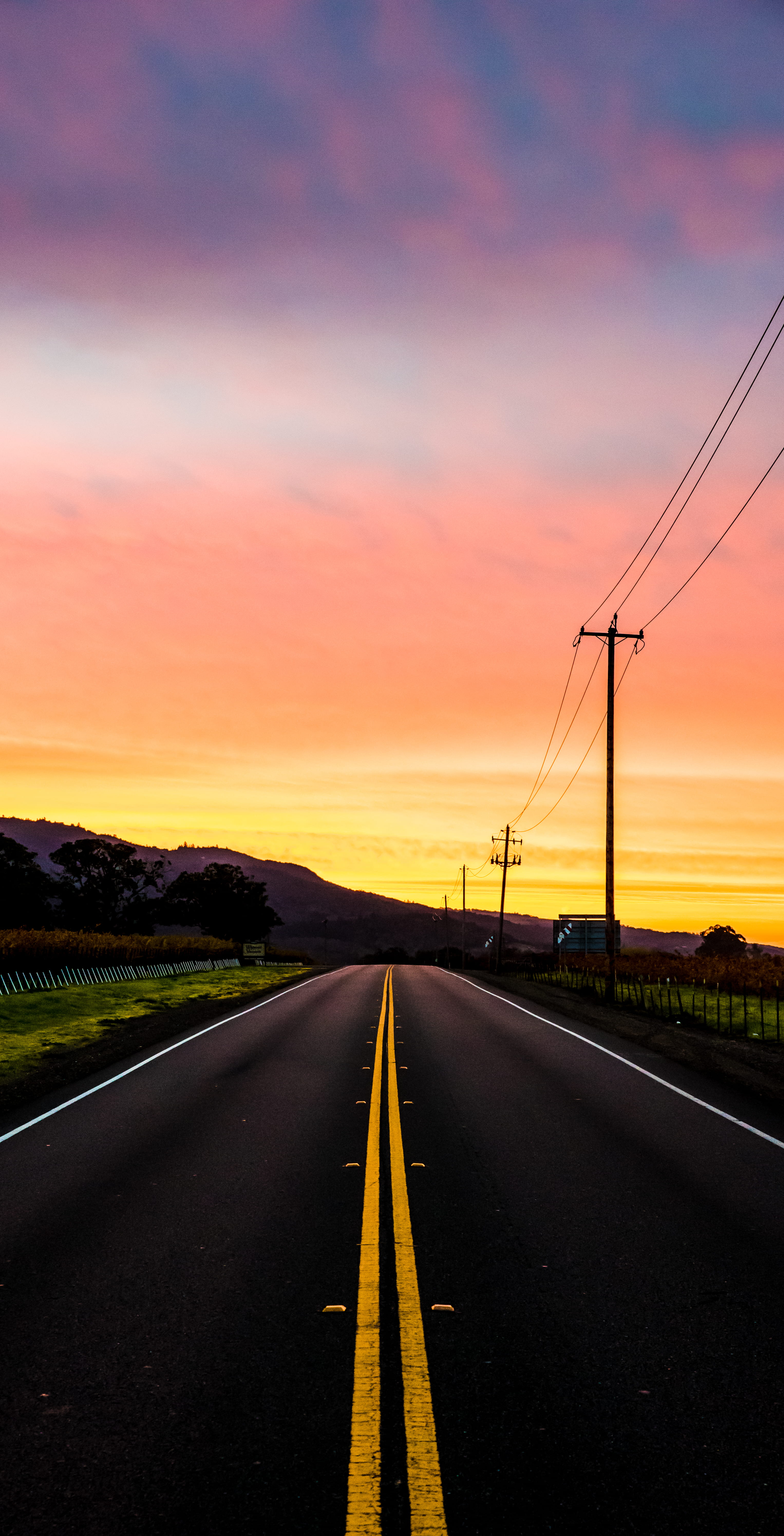 direction, tree, diminishing perspective, orange, sunset, near, vanishing point, landscape, sign, symbol, mountain, asphalt, cable, electricity, sunrise, Phone HD Wallpaper