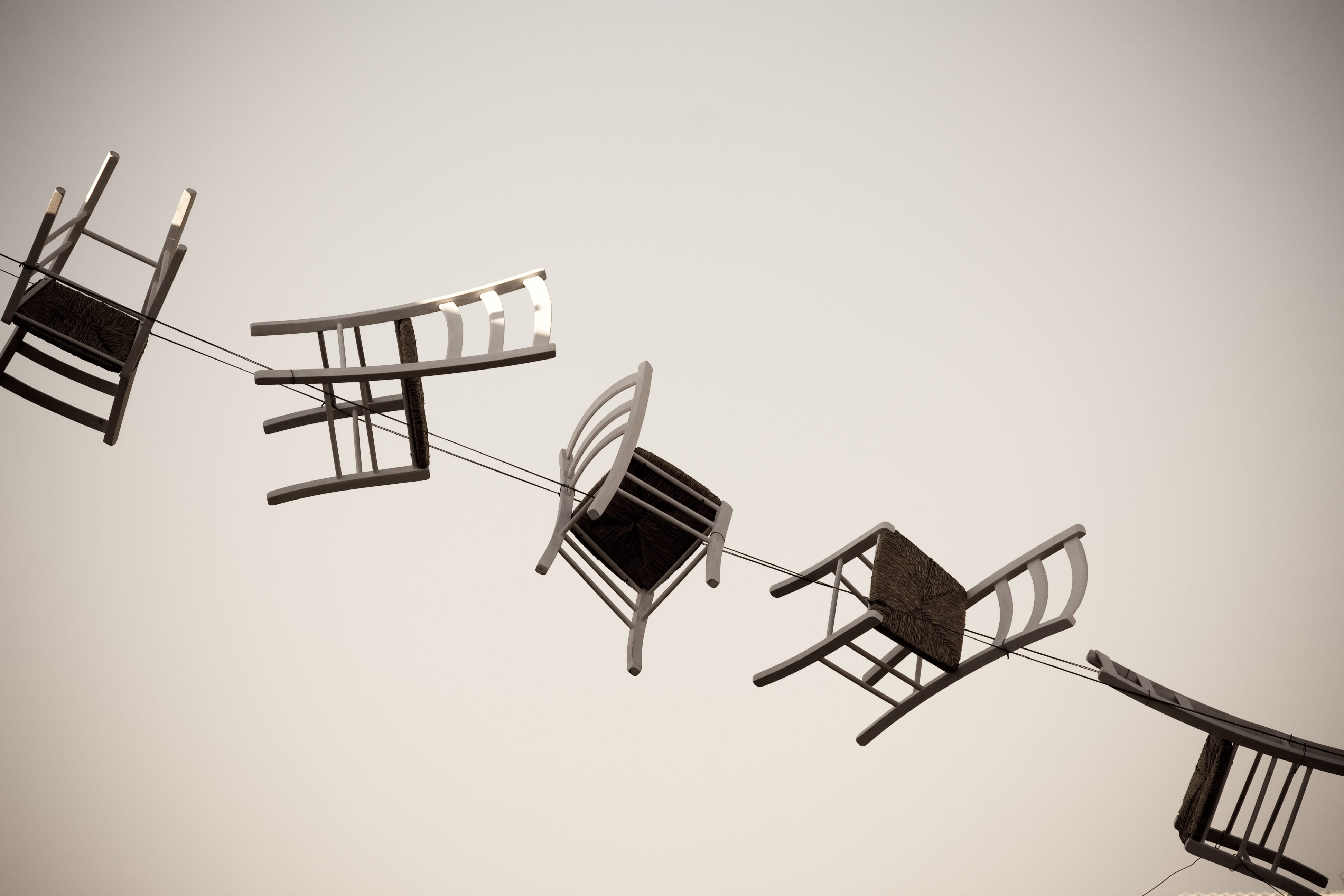 metal, clear sky, seat, day, shopping cart, absence, brown, consumerism, low angle view, sky, chair, no people, abstract, 4K, artsy, perspective, art, HD Wallpaper