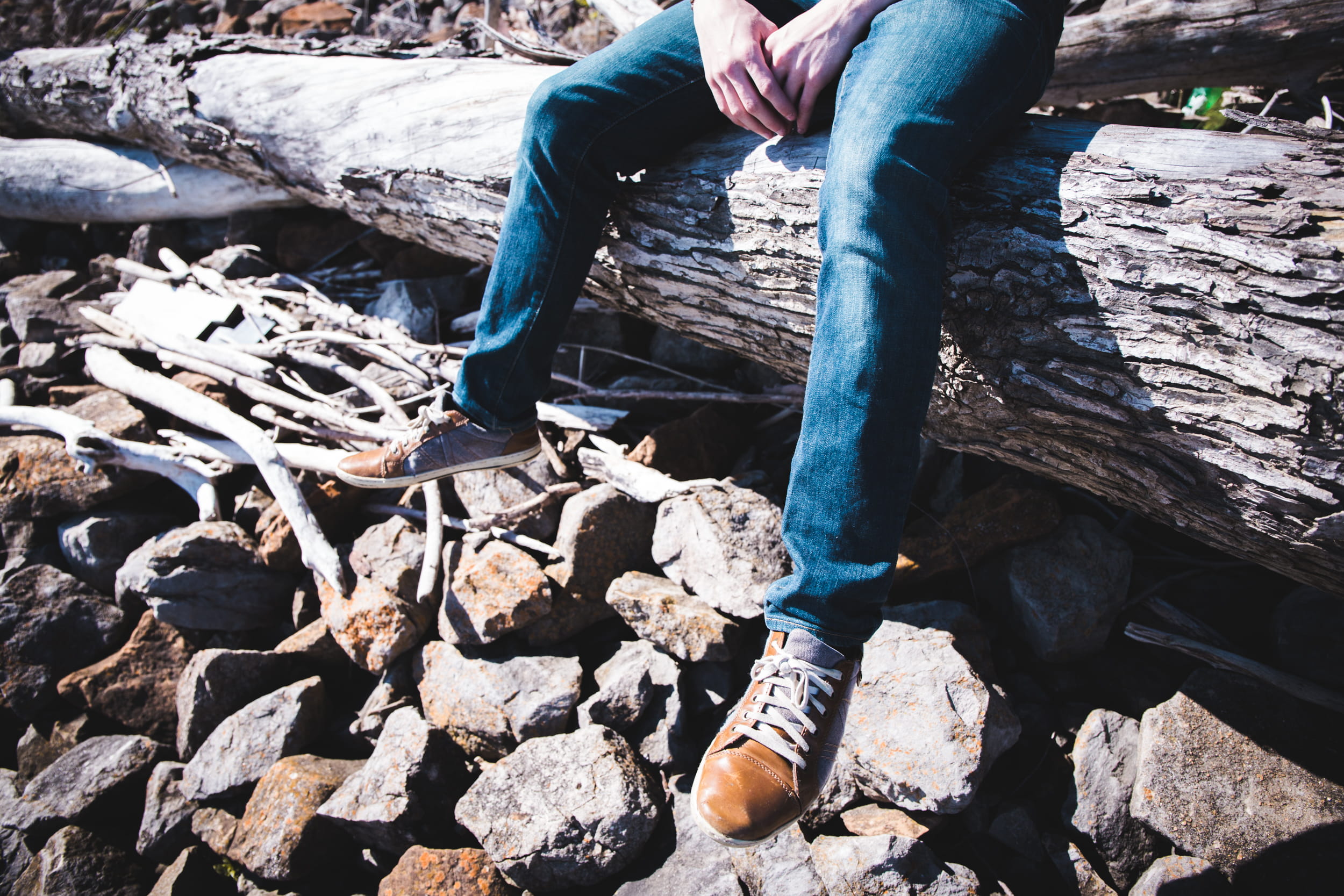 high angle view, river, wood, lake, artsy, body part, human leg, style, rocks, nature, solid, leisure activity, day, one person, real people, low section, HD Wallpaper