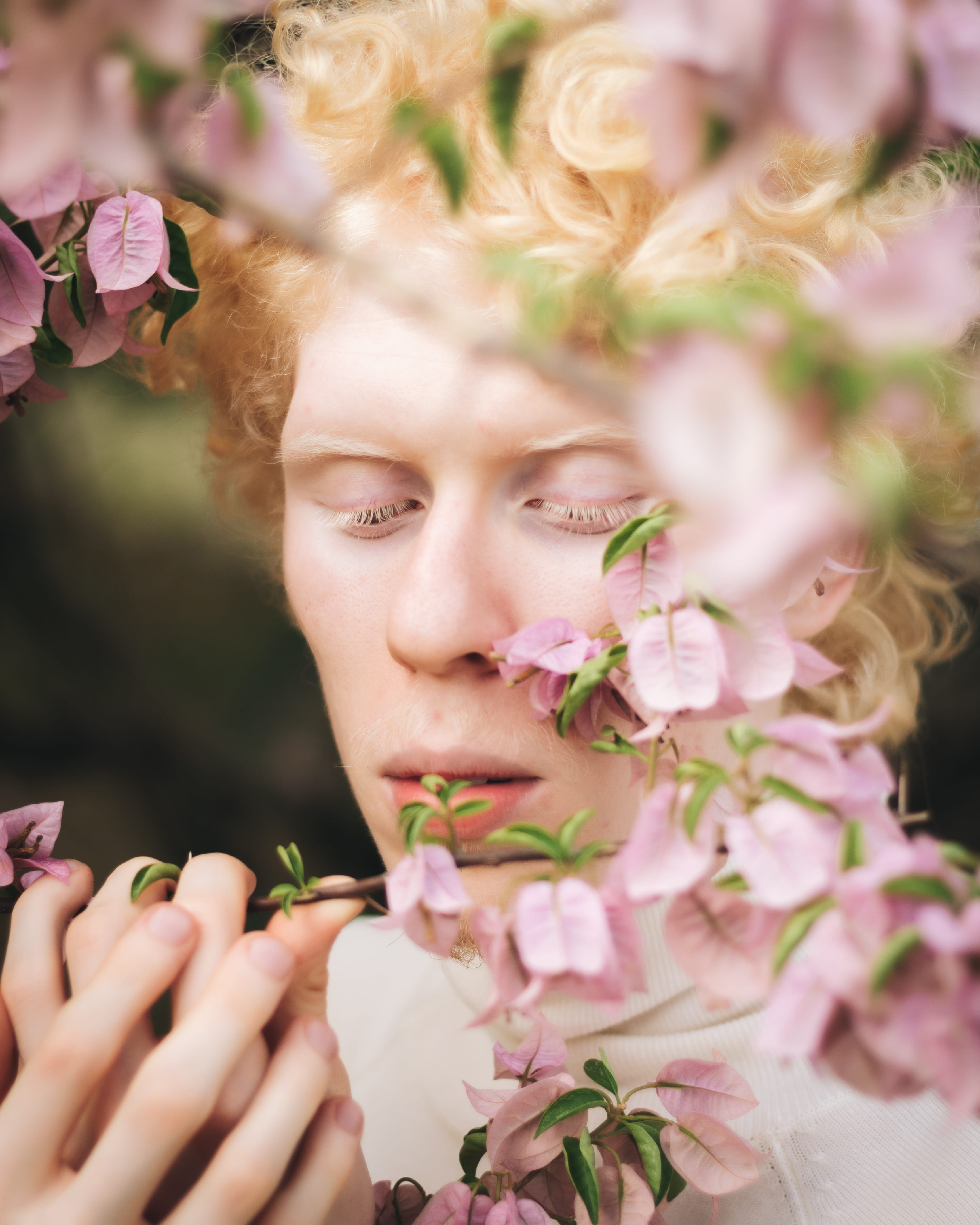 artsy, romantic, beautiful woman, bride, person, close-up, young women, vulnerability, headshot, blossom, pink color, portrait, 4K, beauty in nature, relaxation, Phone HD Wallpaper