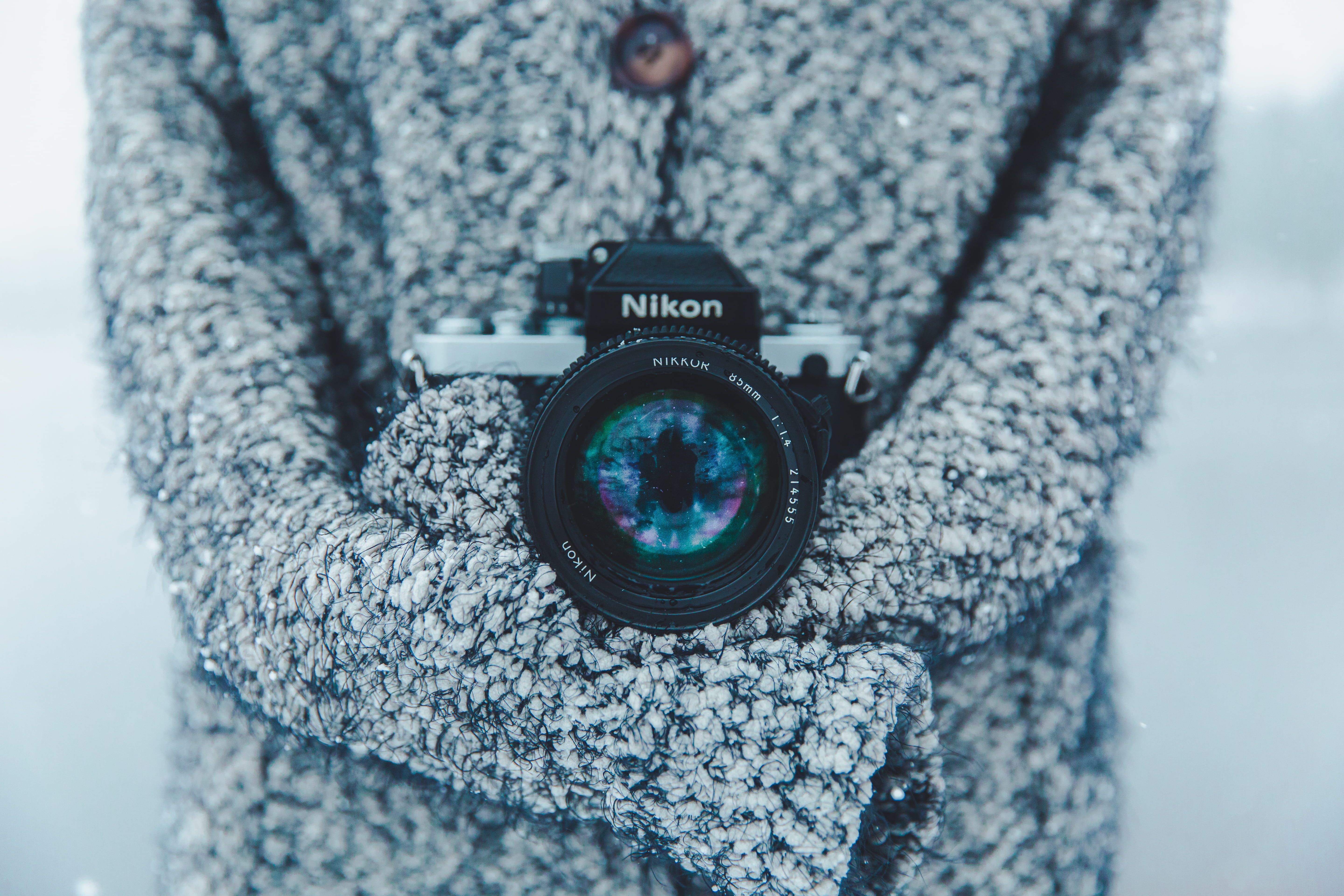 holding, sweater, photography, focus on foreground, no people, 5K, camera, winter, jumper, outdoors, lens, lake, day, photography themes, technology, warm clothing, HD Wallpaper