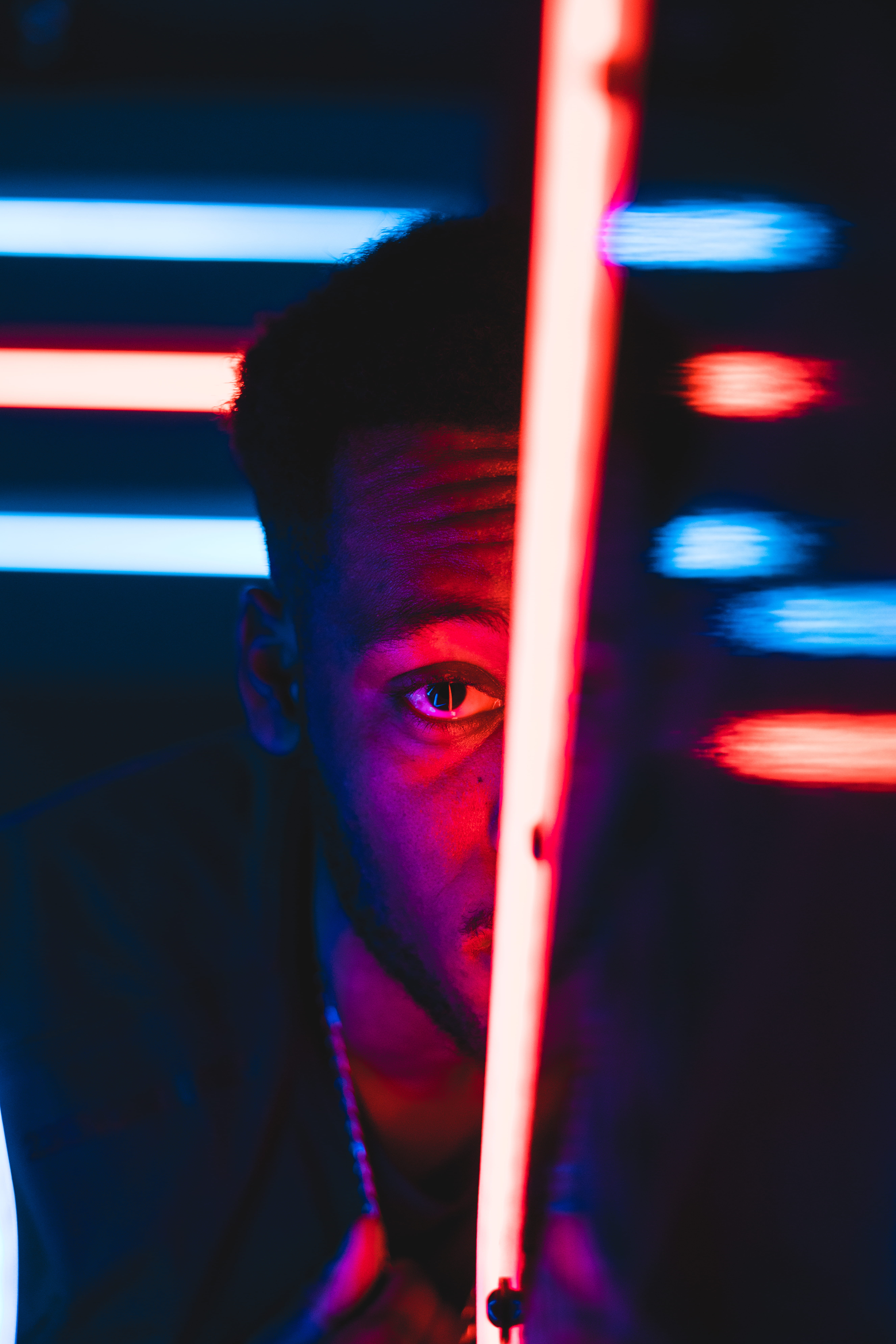 videogame, neon light, looking at camera, headshot, light, loving light, illuminated, adult, different, purple, front view, light art, leisure activity, Phone HD Wallpaper