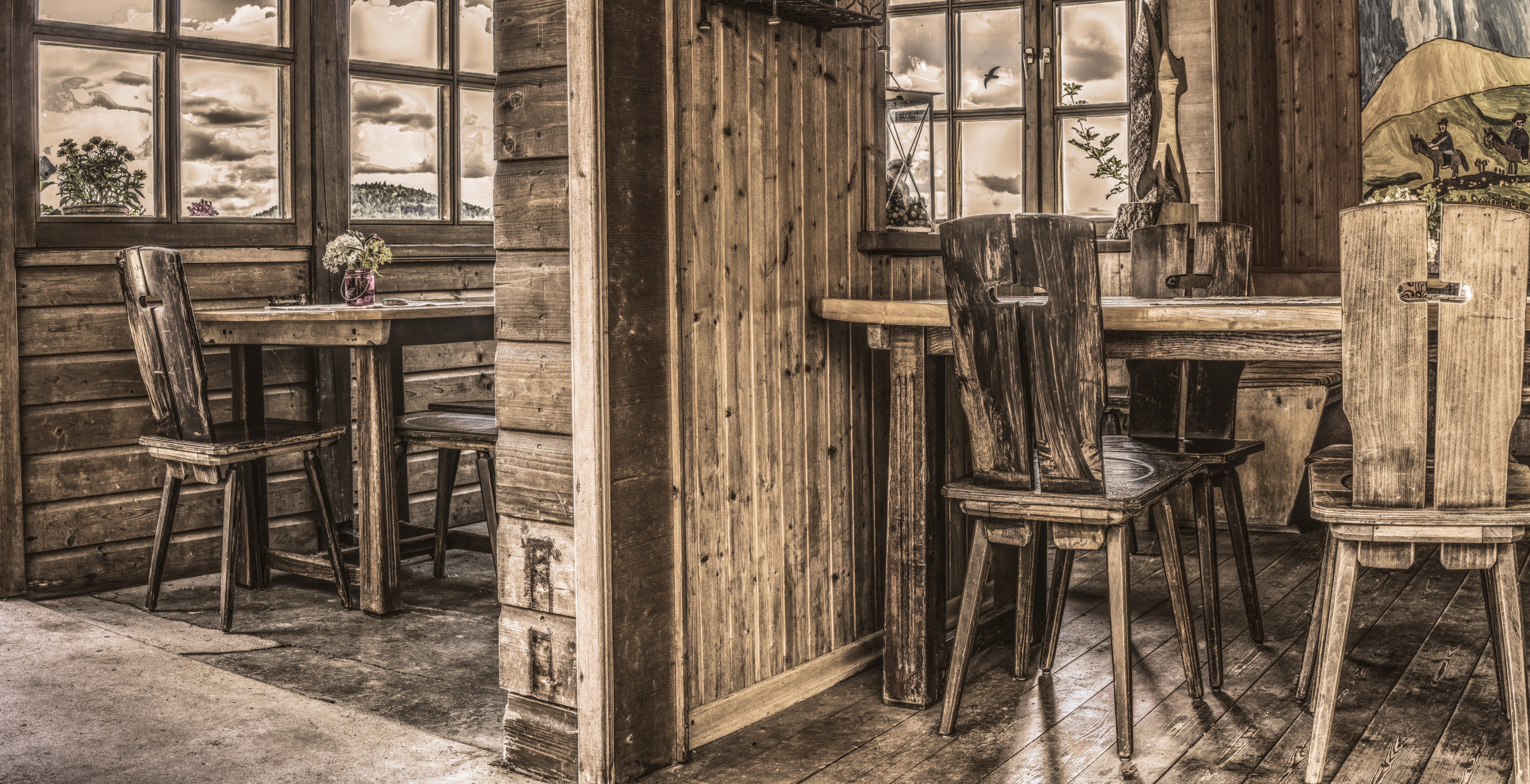 architecture, Restaurant, bavaria, wood - material, empty, history, 5K, vintage, dining tables, wood, background, customs, chairs, furniture, no people, HD Wallpaper