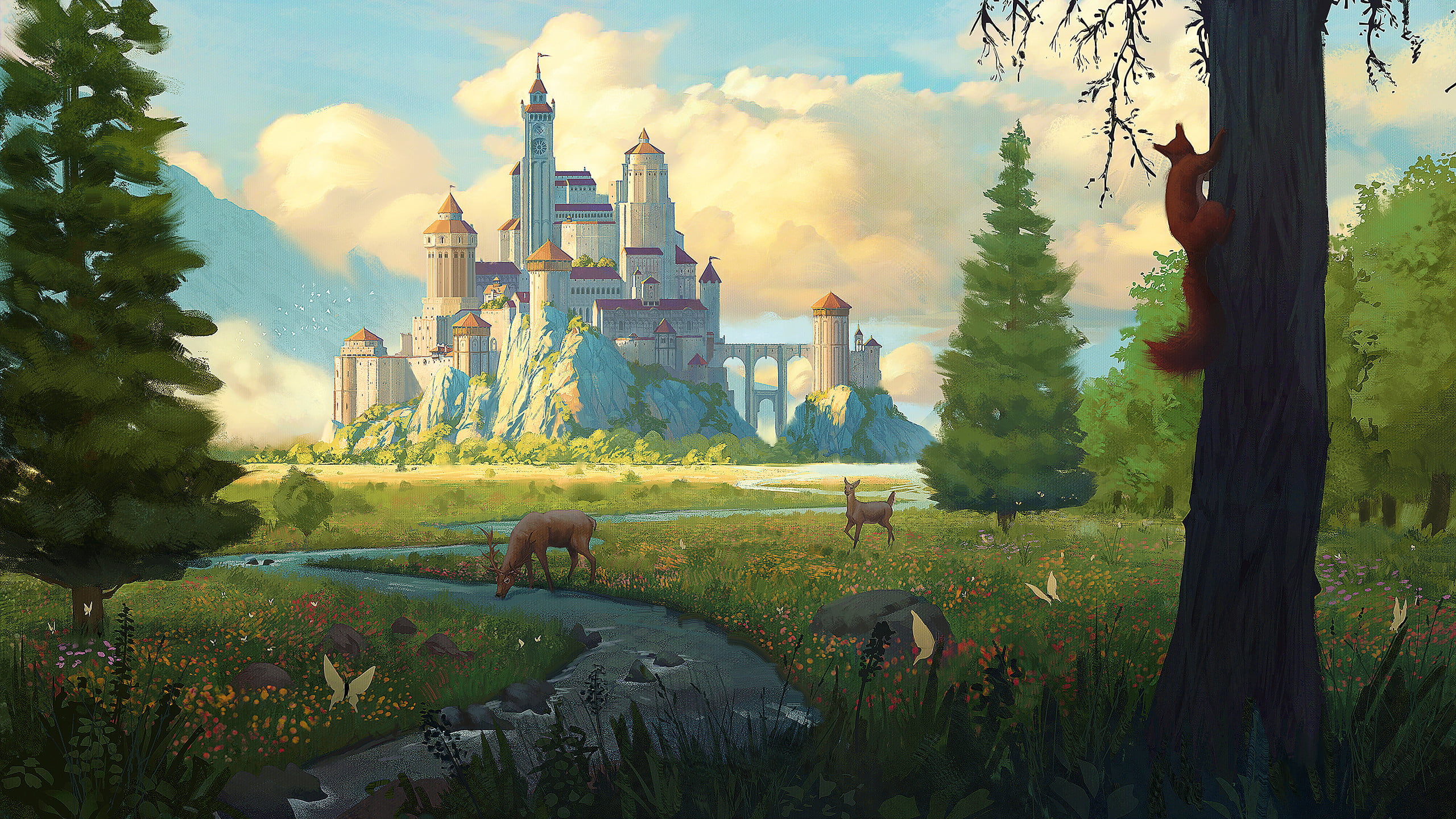 digital art, stream, deer, fantasy art, forest, squirrel, 2K, castle, Karine Villette, flowers, butterfly, HD Wallpaper
