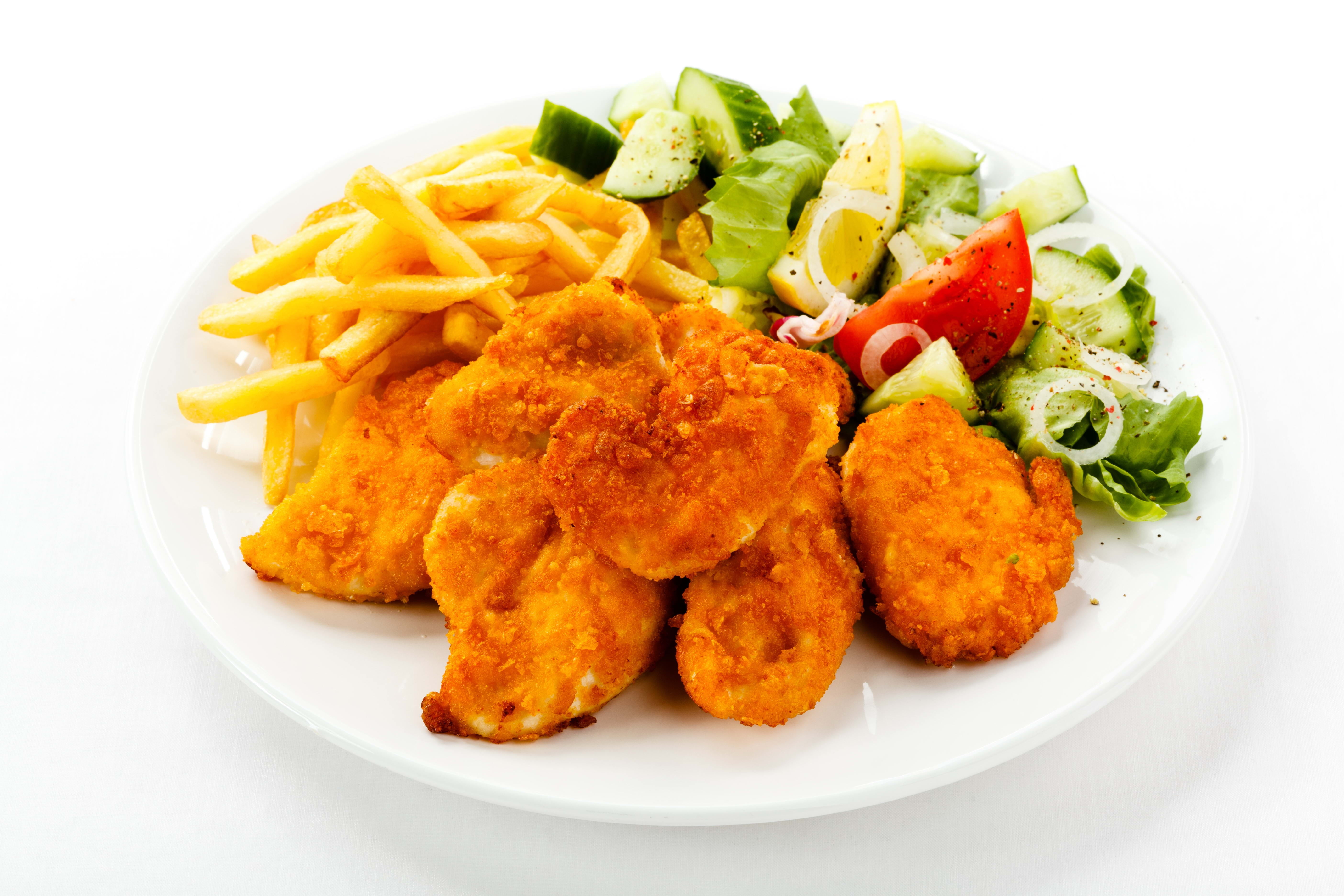 cooked, unhealthy Eating, french, fast food, salad, lunch, close-up, gourmet, indoors, deep, isolated, seafood, fried, vegetables, grilled, lettuce, potatoes, HD Wallpaper