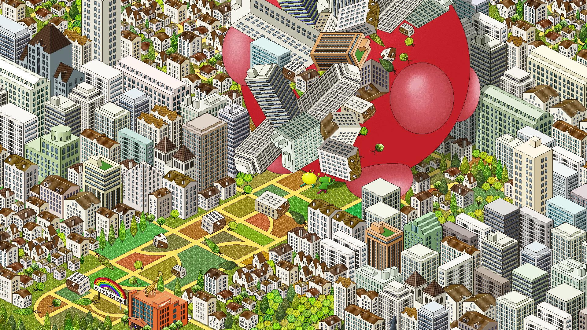 katamari damacy, illustration, white, gray, 1080P, games, rise, katamari, high, building, damacy, 1920x1080, HD Wallpaper