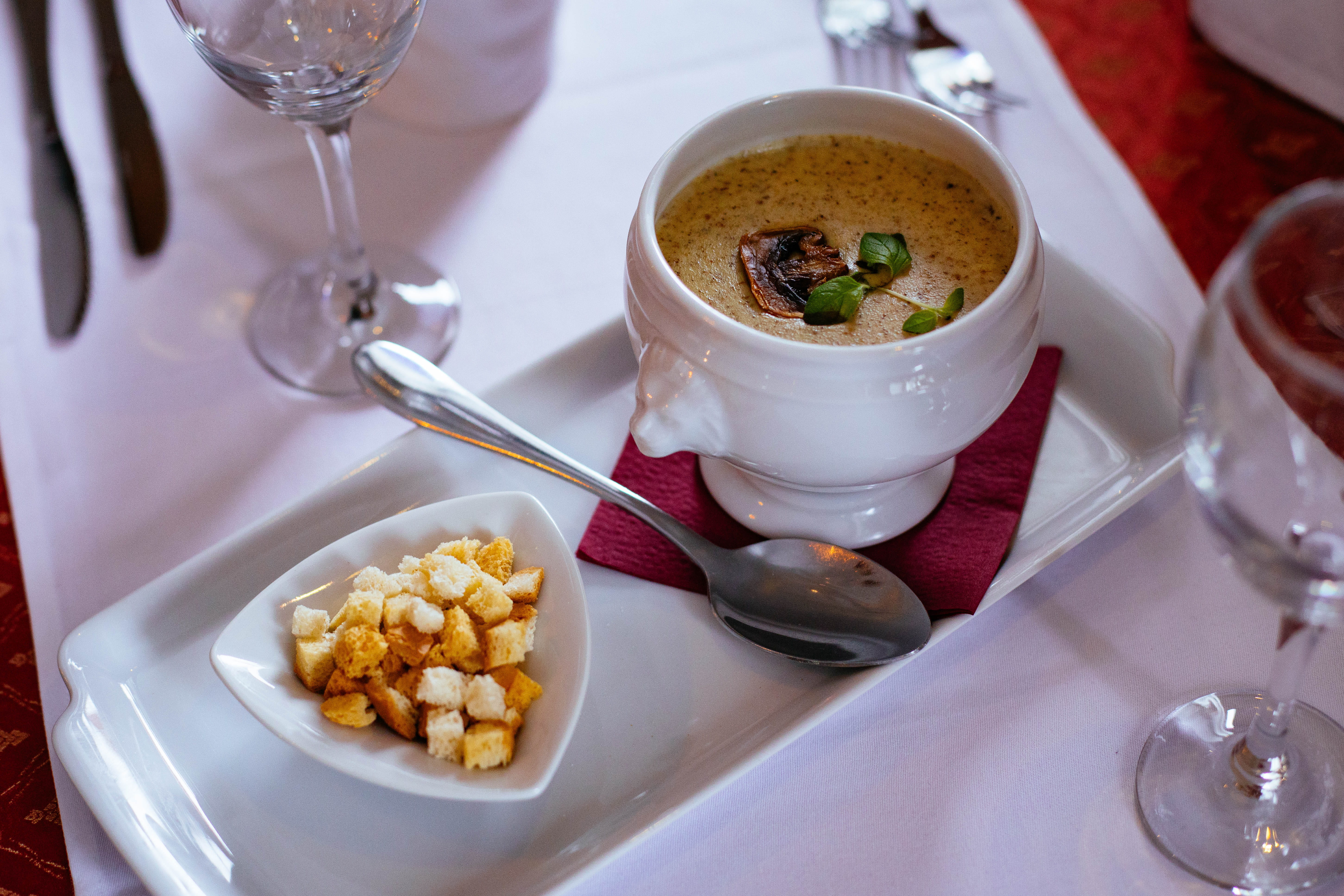 soup, tasty, container, glass, ready-to-eat, food, plate, drink, kitchen utensil, fork, refreshment, food and drink, spoon, beside, table, setting, restaurant, HD Wallpaper