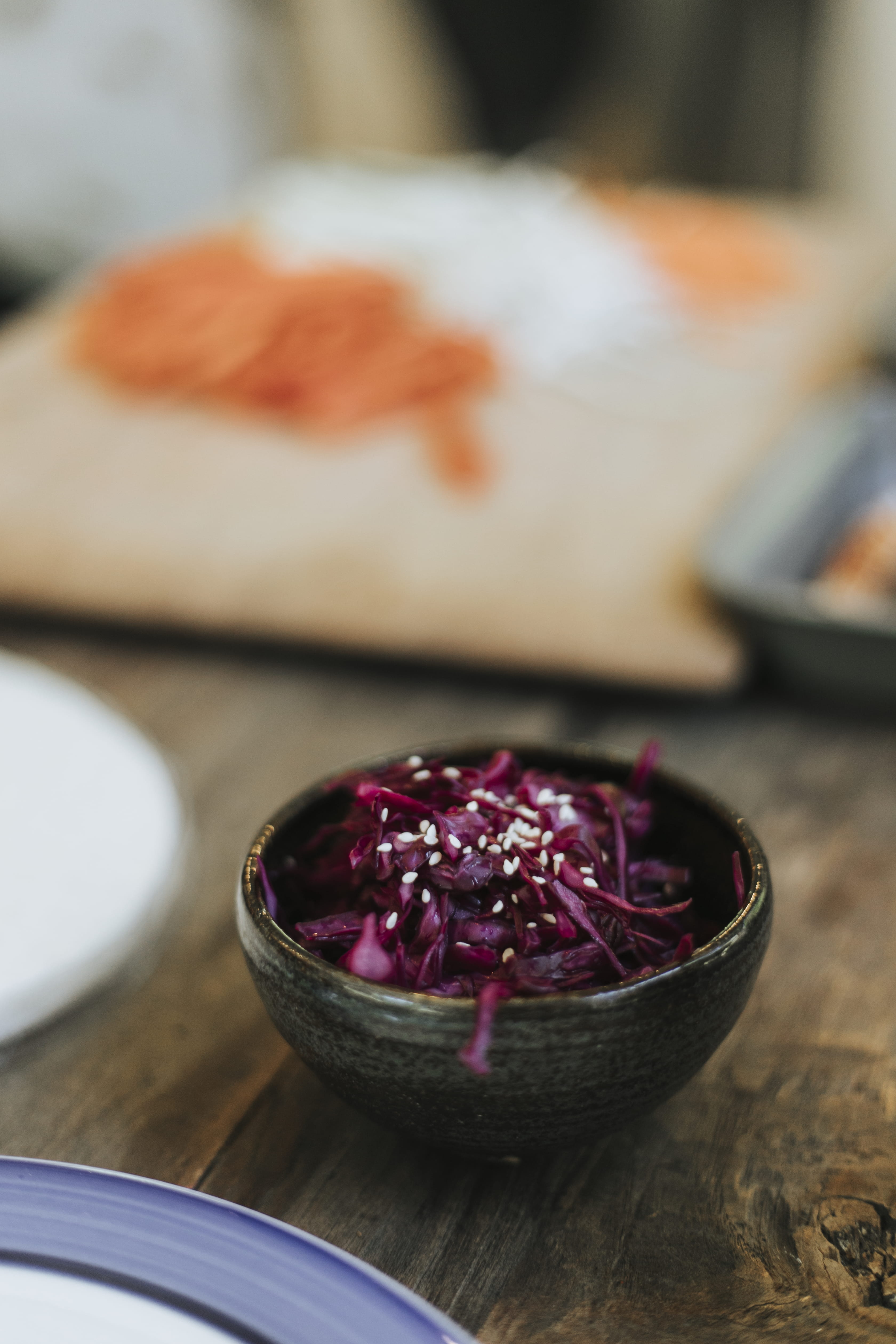 bowl, cabbage, tray, eat, healthy eating, purple cabbage, purple, fresh, selective focus, side, no people, lunch, plate, still life, focus on foreground, Phone HD Wallpaper