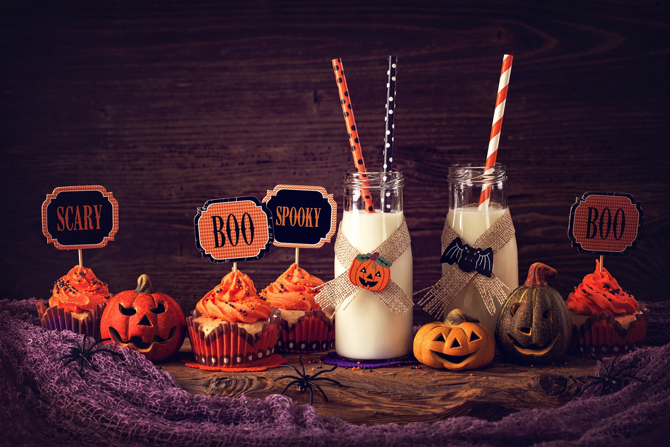 Halloween, 1080P, milk, cupcake, sweet, cakes, pumpkin, cupcakes, holidays, HD Wallpaper