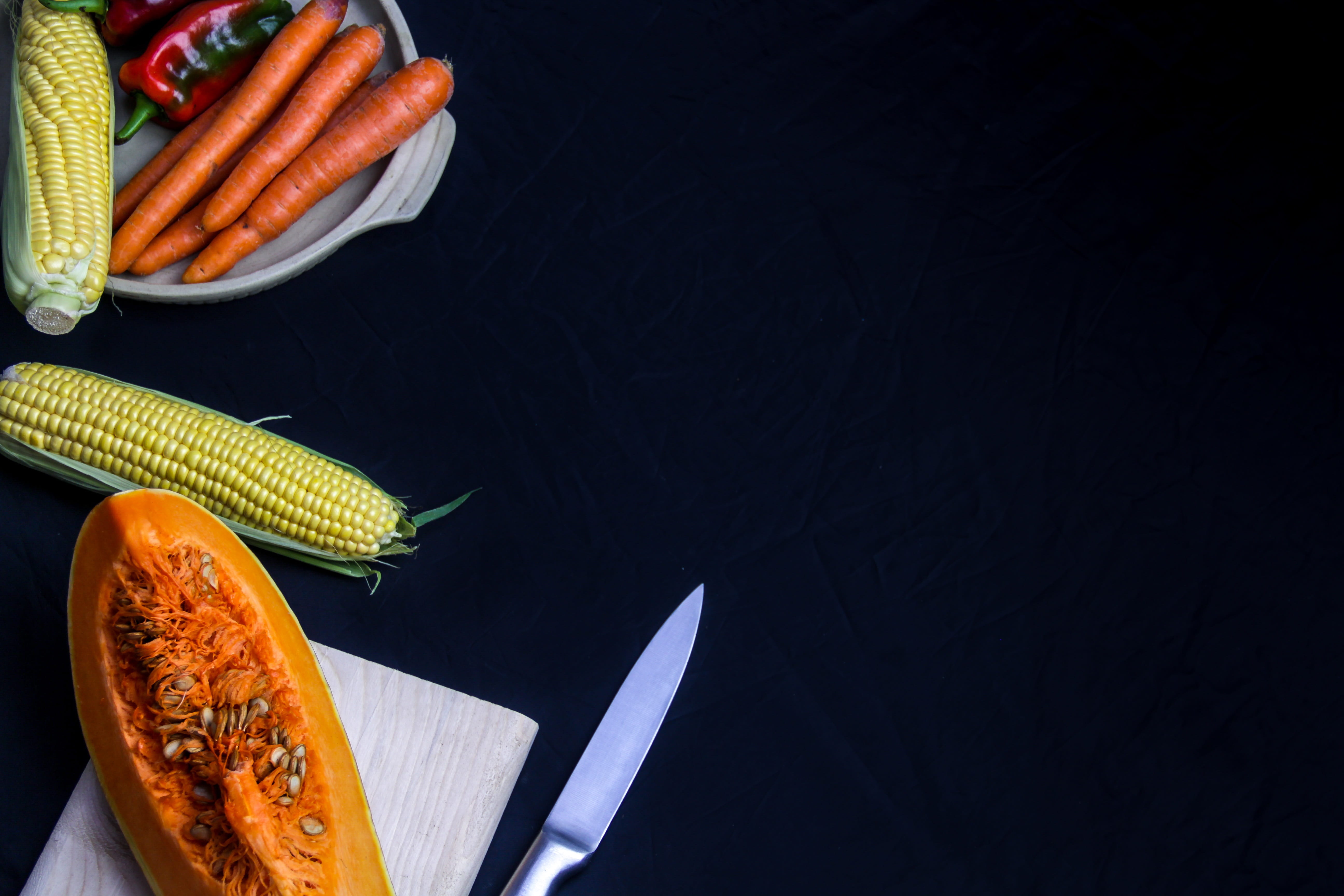 high angle view, vegetables, knife, black color, sweet corn, snack, corn, studio shot, still life, healthy eating, wellbeing, vegetable, yellow, board, HD Wallpaper