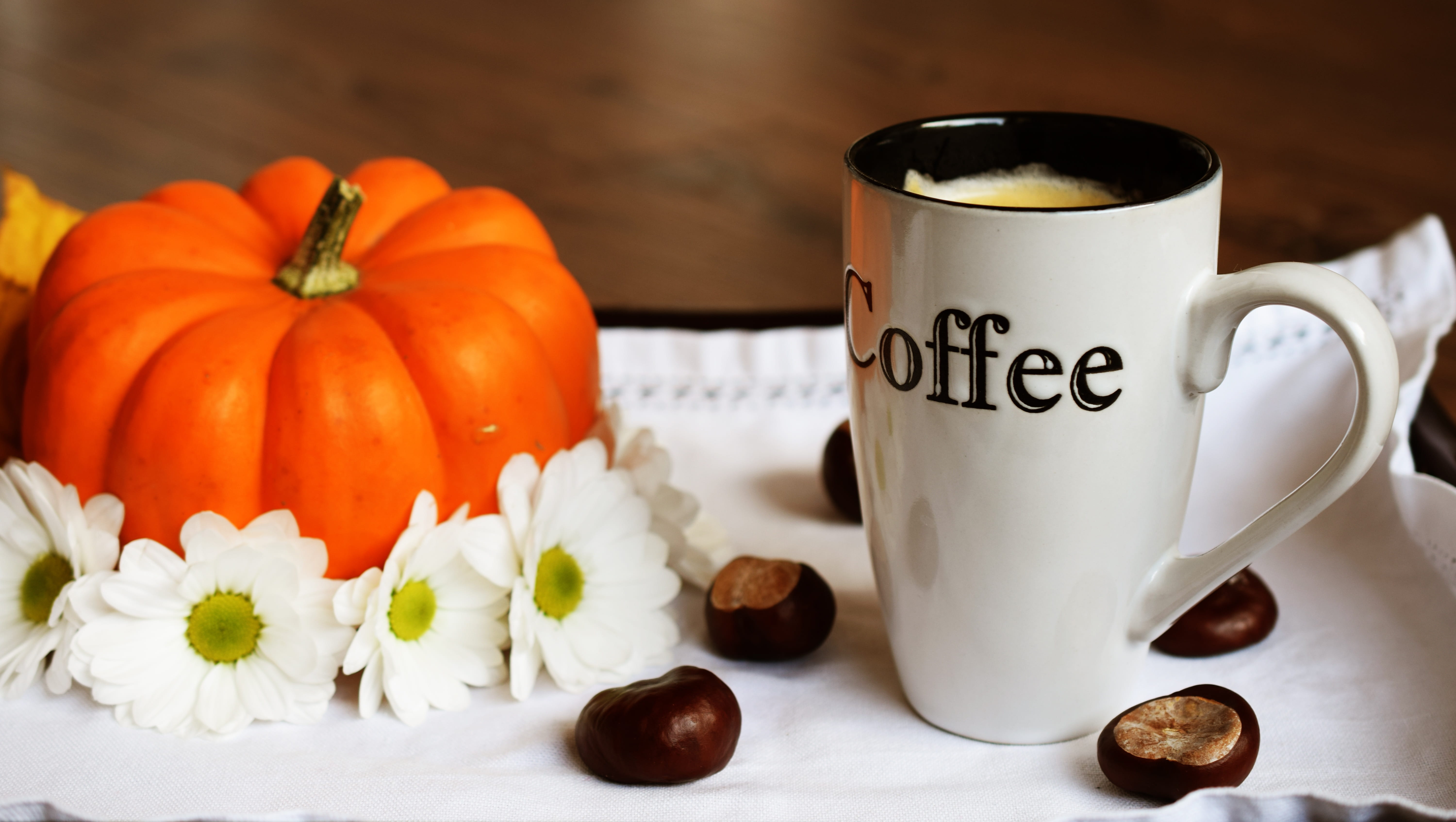 celebration, sweet food, indoors, autumn, 5K, food, coffee cup, crockery, text, flowers, cup, refreshment, no people, coffee - drink, hot drink, spoon, HD Wallpaper