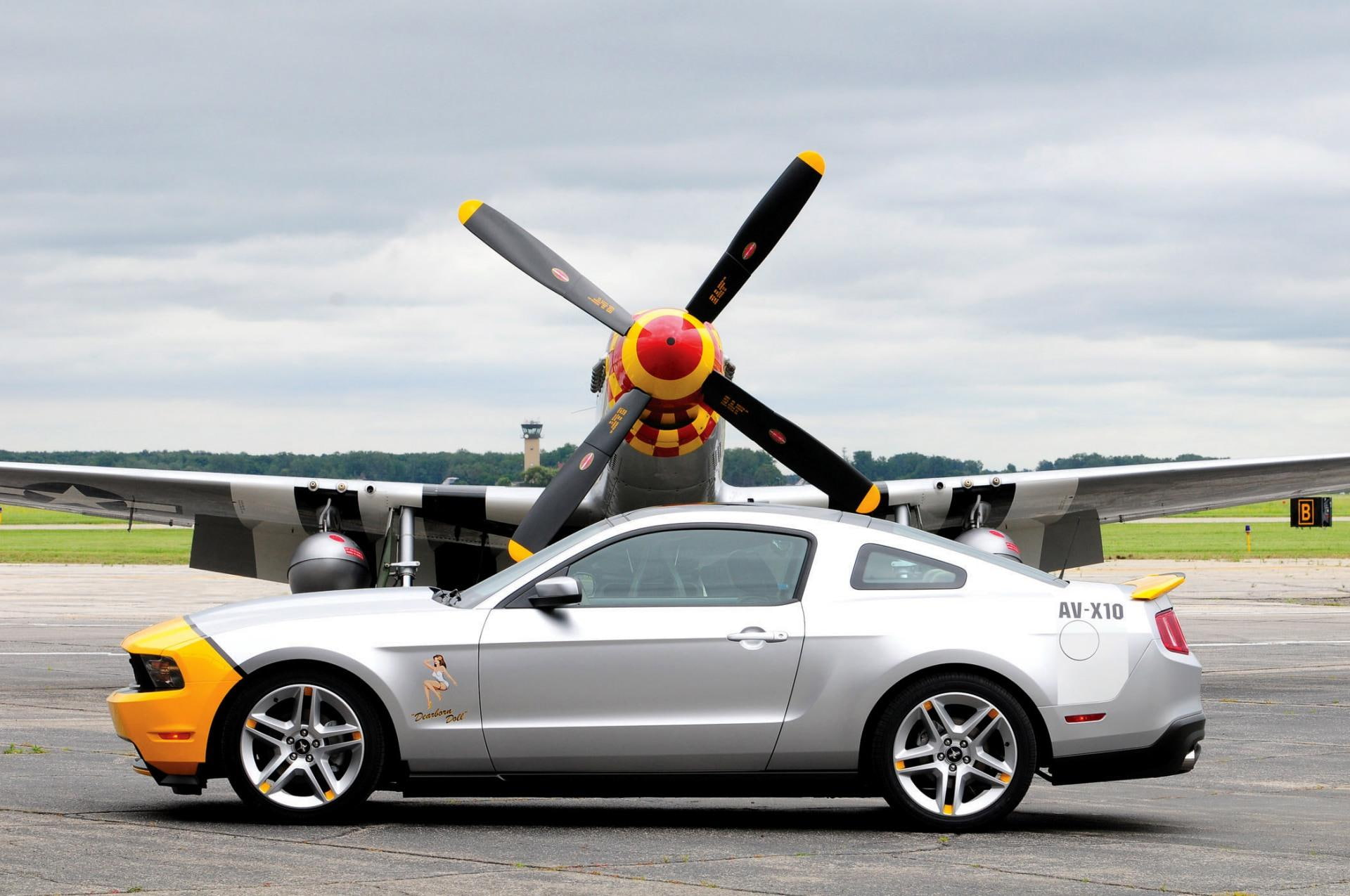 airplane, mode of transportation, sky, cloud - sky, mustang, av, motor vehicle, toy, 1080P, road, car, motion, ford, land vehicle, technology, travel, HD Wallpaper