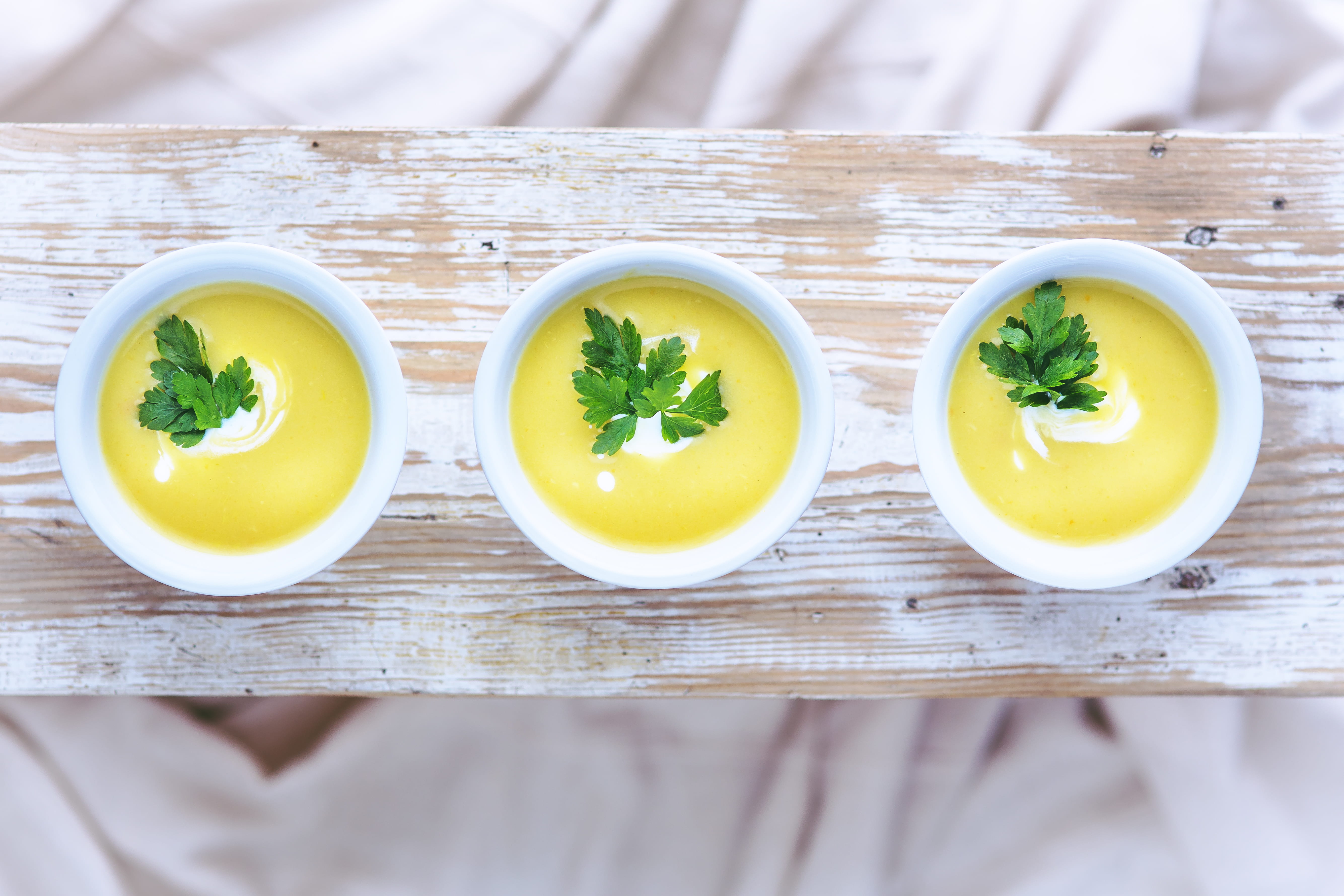 soup bowl, vegetable, close-up, plate, garnish, diet, no people, bowl, potato, freshness, restaurant, herb, hot, 5K, wood - material, directly above, table, HD Wallpaper