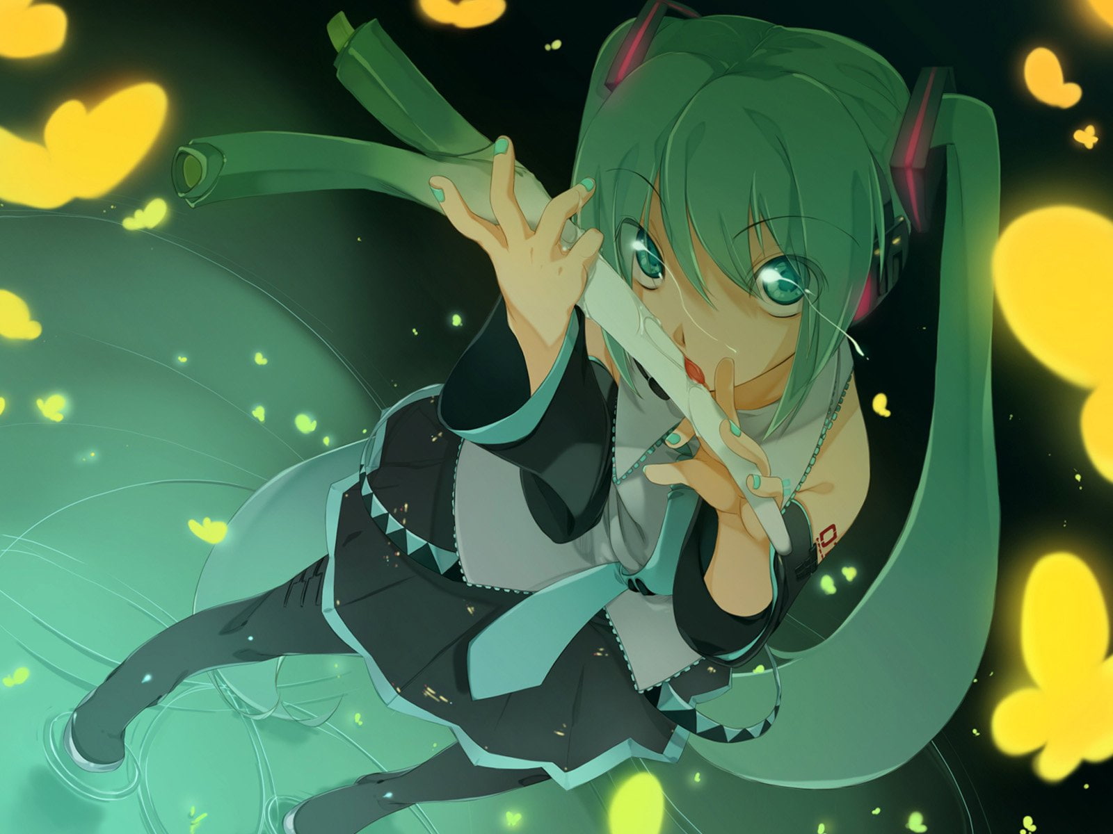miku, 720P, detached, vocaloid, hatsune, leek, sleeves, butterflies, maruku, HD Wallpaper