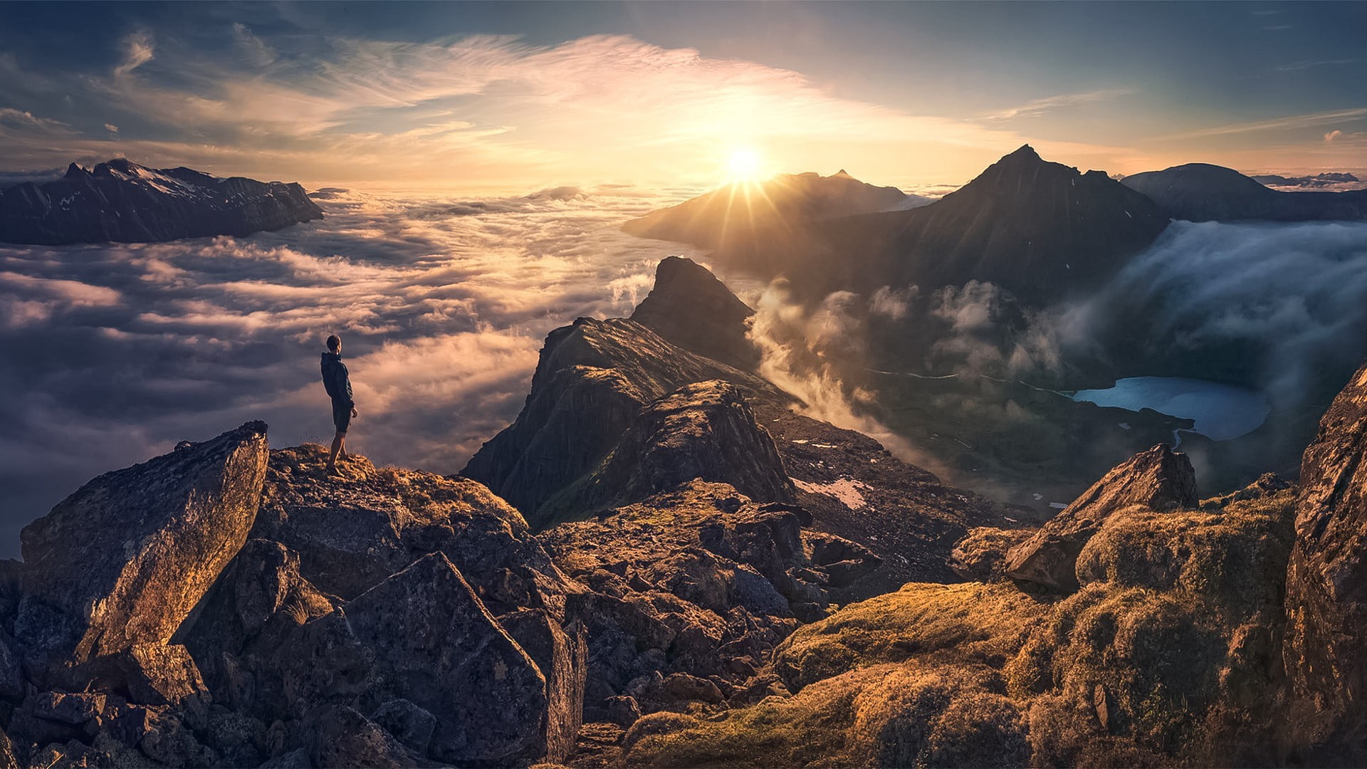 lush, rock, one person, nature, mountain range, solid, scenics - nature, non-urban scene, formation, outdoors, sunset, leisure activity, landscape, 1080P, HD Wallpaper
