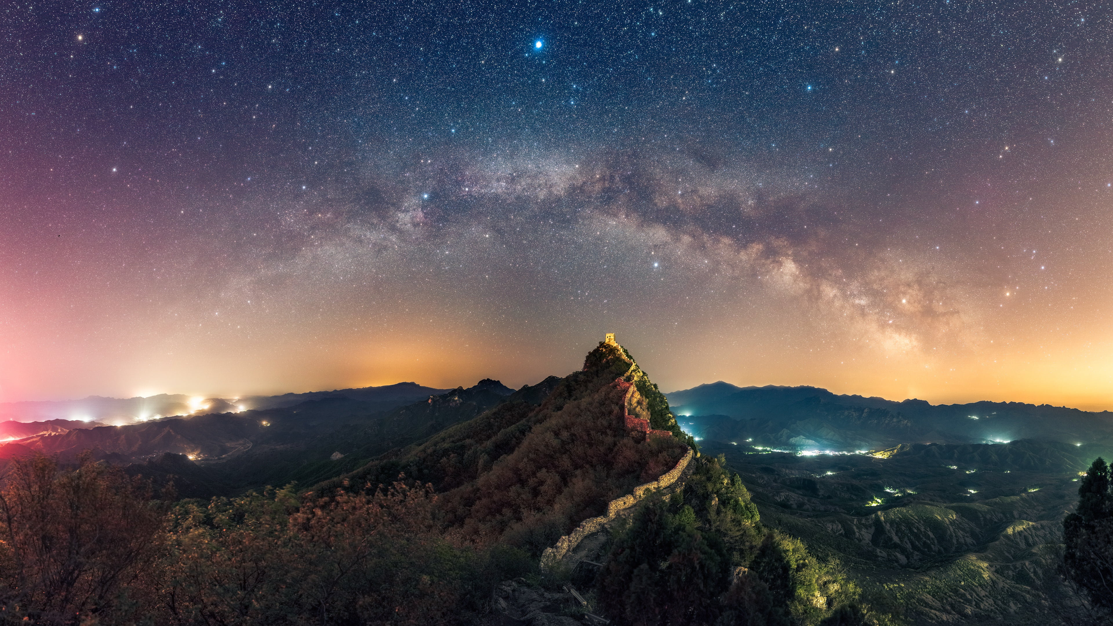 mountain Range, cloud - Sky, science, sunset, tranquil scene, blue, dusk, the milky way, mountain Peak, the sky, constellation, outdoors, no people, panoramic, HD Wallpaper