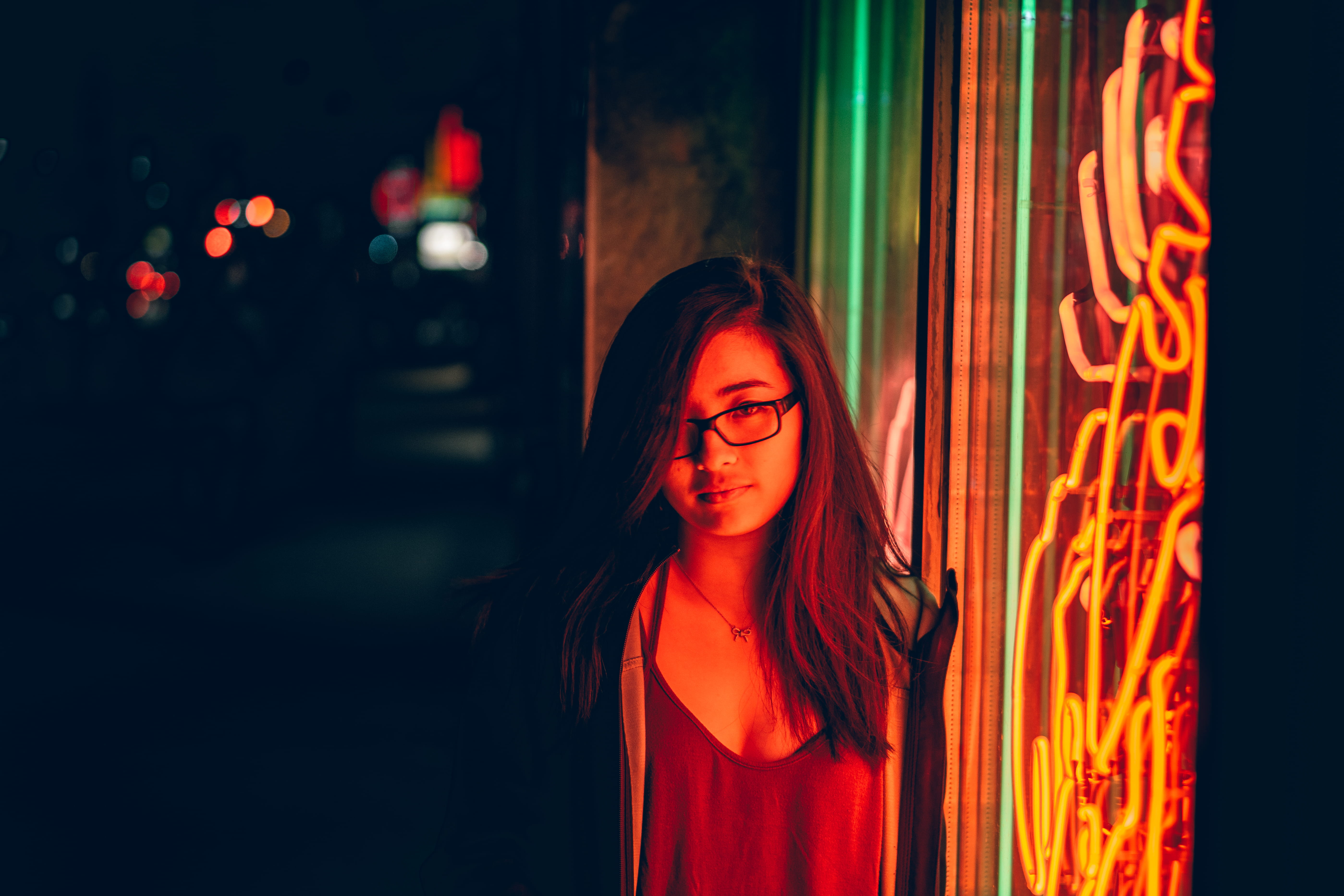 neon, nightlife, spadina, standing, street, night, defocu, red, shallow, casual clothing, 5K, girl, town, color, one person, illuminated, front view, emotion, HD Wallpaper