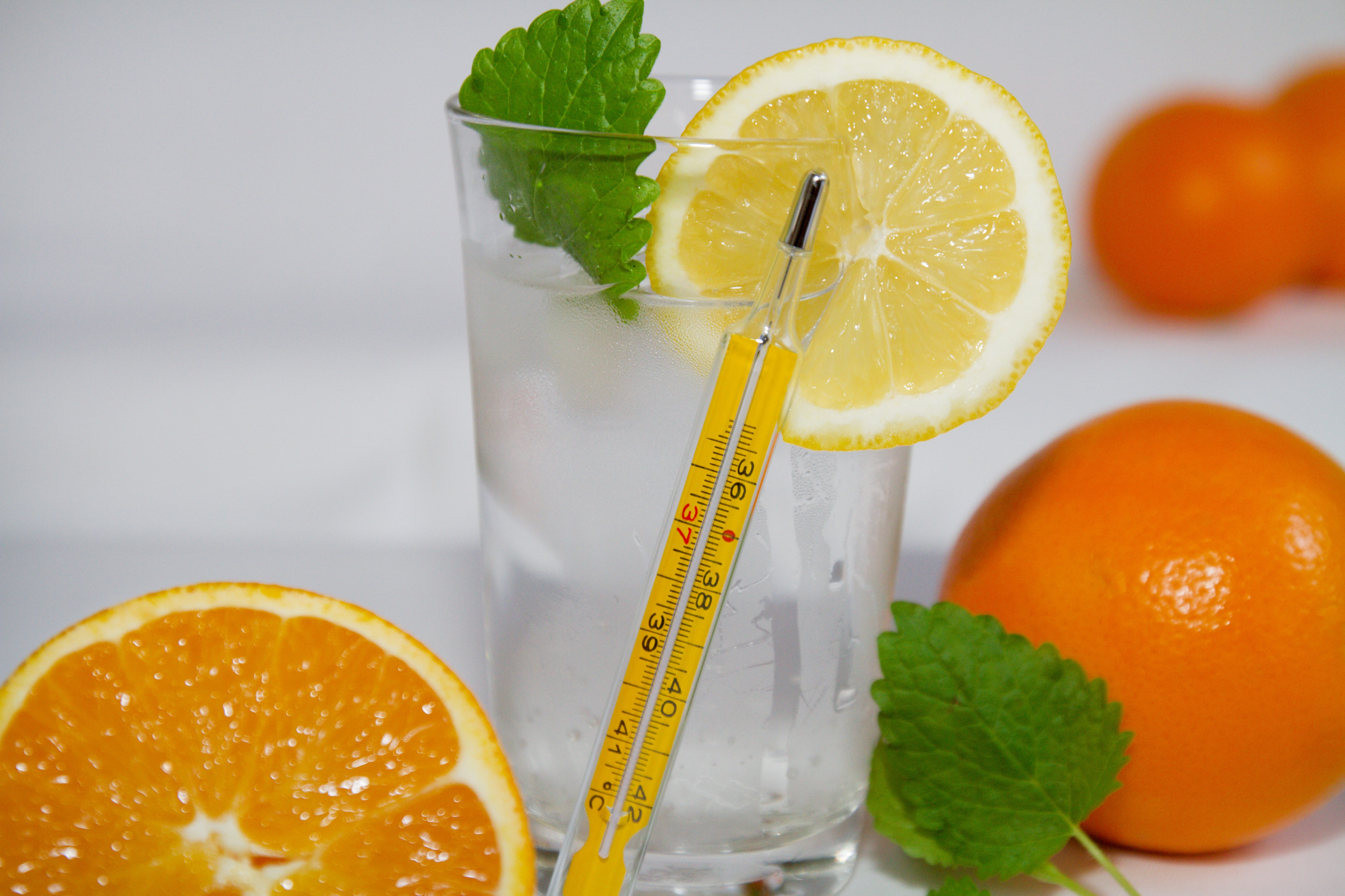 beside, temperature, sliced, leaf, herb, orange - fruit, indoors, vitamin c, citrus fruit, healthy, cocktail, yellow, influenza, 5K, food, water, refreshment, HD Wallpaper