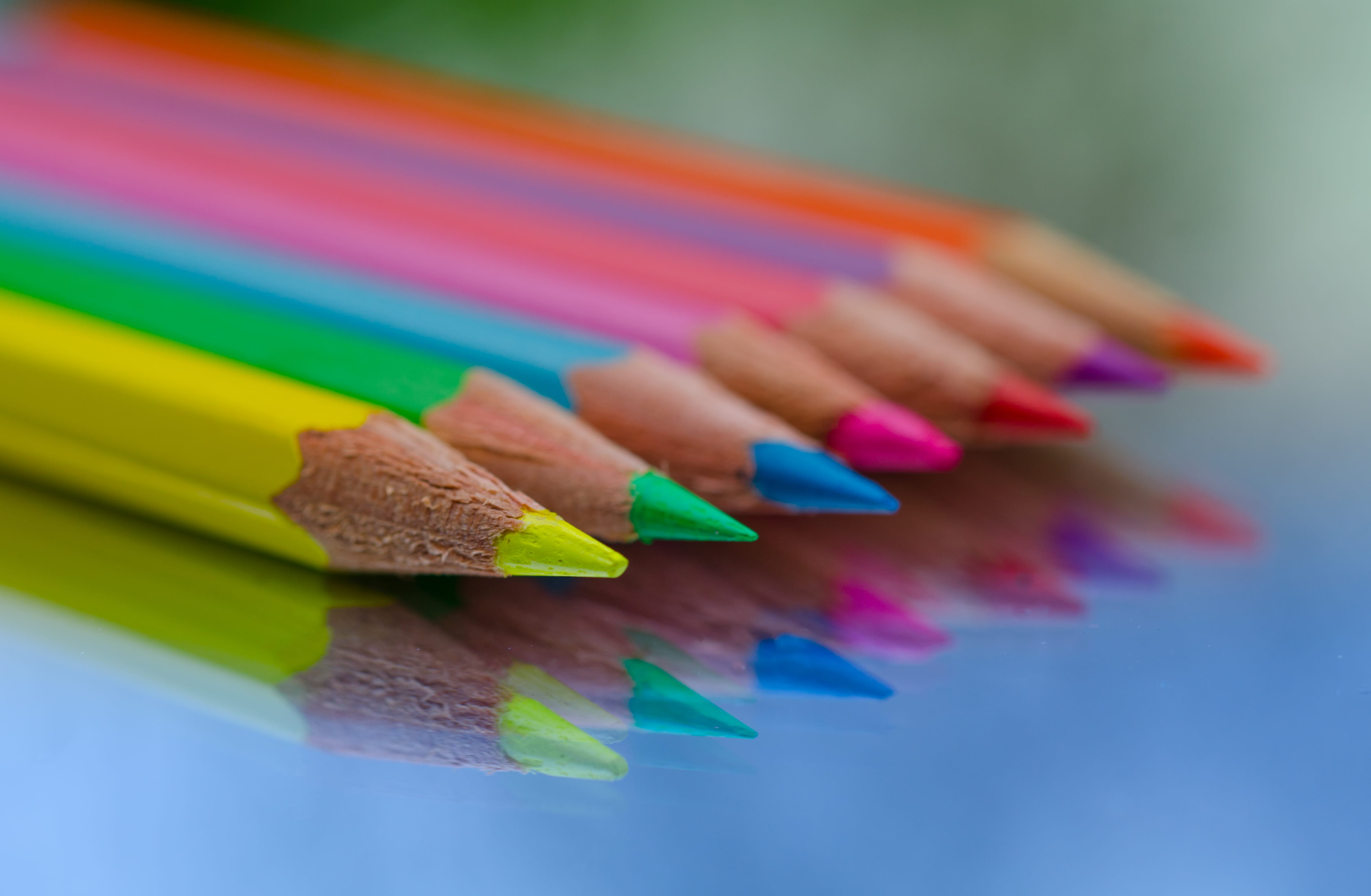 crayon, reflection, colored, coloring, craft, in a row, art and craft, large group of objects, sharp, close-up, still life, arrangement, pointed, colored pencil, HD Wallpaper