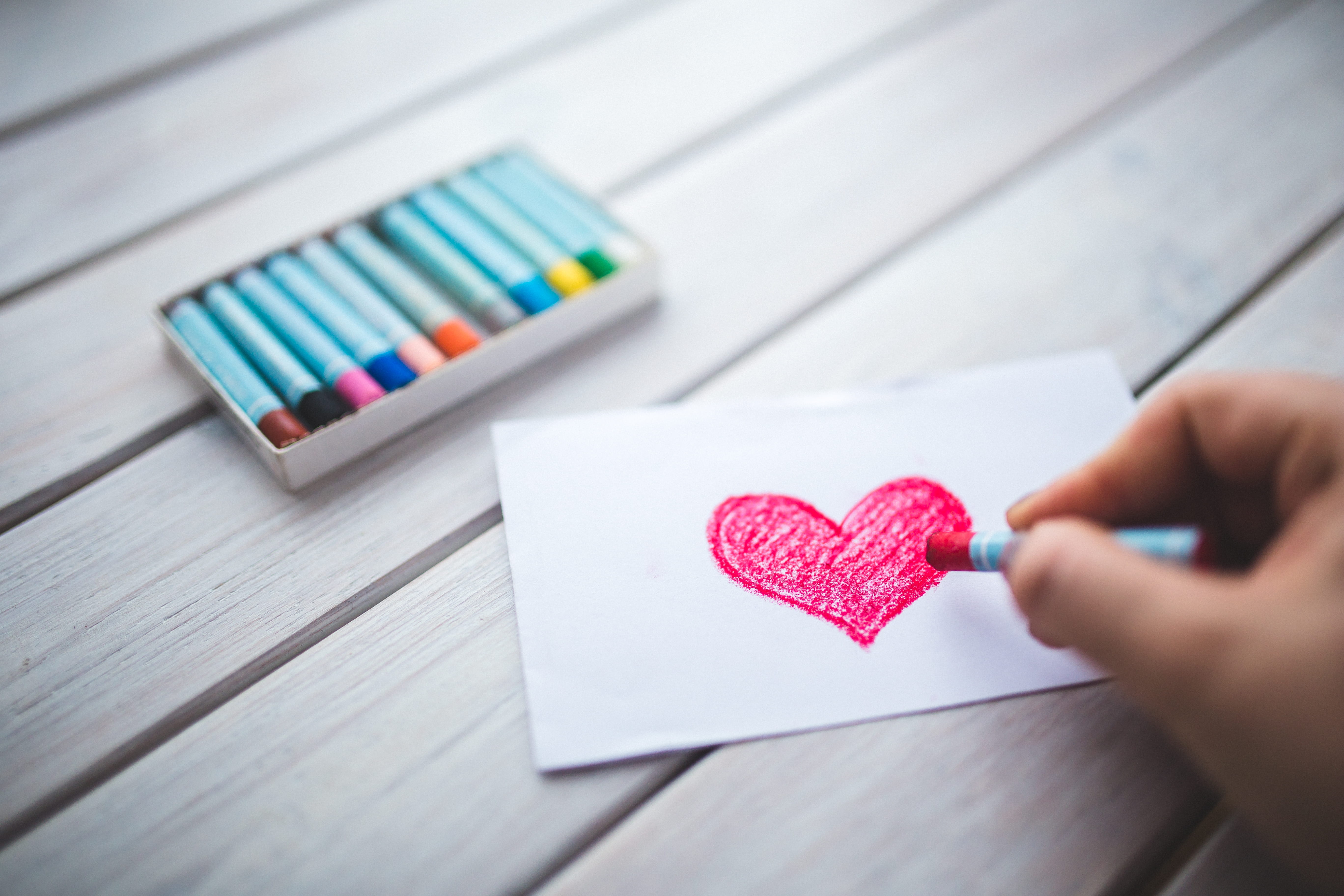 oil, creativity, valentines day - holiday, drawing, paper, art materials, heart, table, hand, art, crayon, red, selective focus, emotion, valentines day, HD Wallpaper