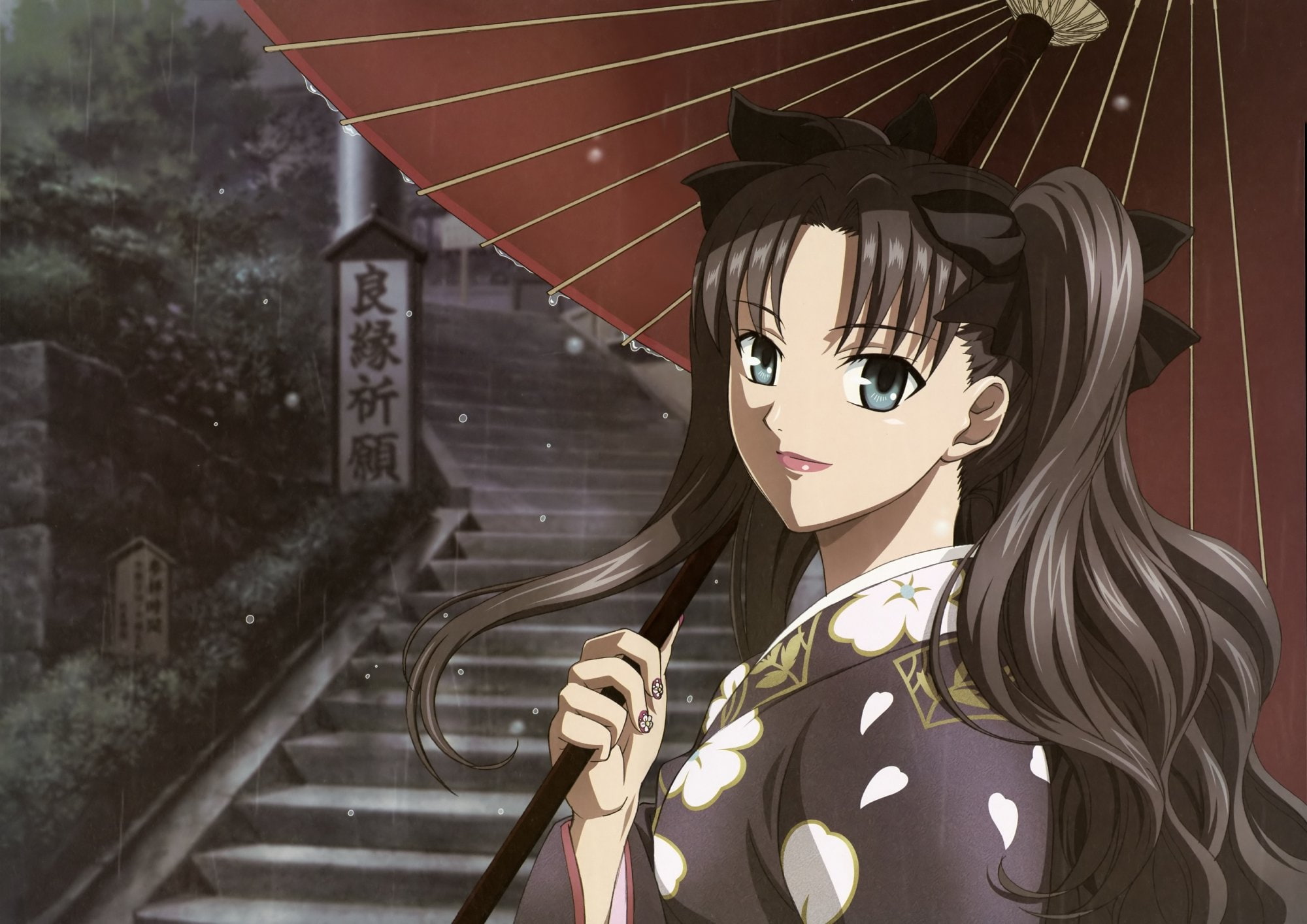 clothes, polish, games, type moon, long, twintails, ornaments, hair, drops, night, kimono, fate stay, novels, rin, eyes, nail, bows, series, video, anime, HD Wallpaper