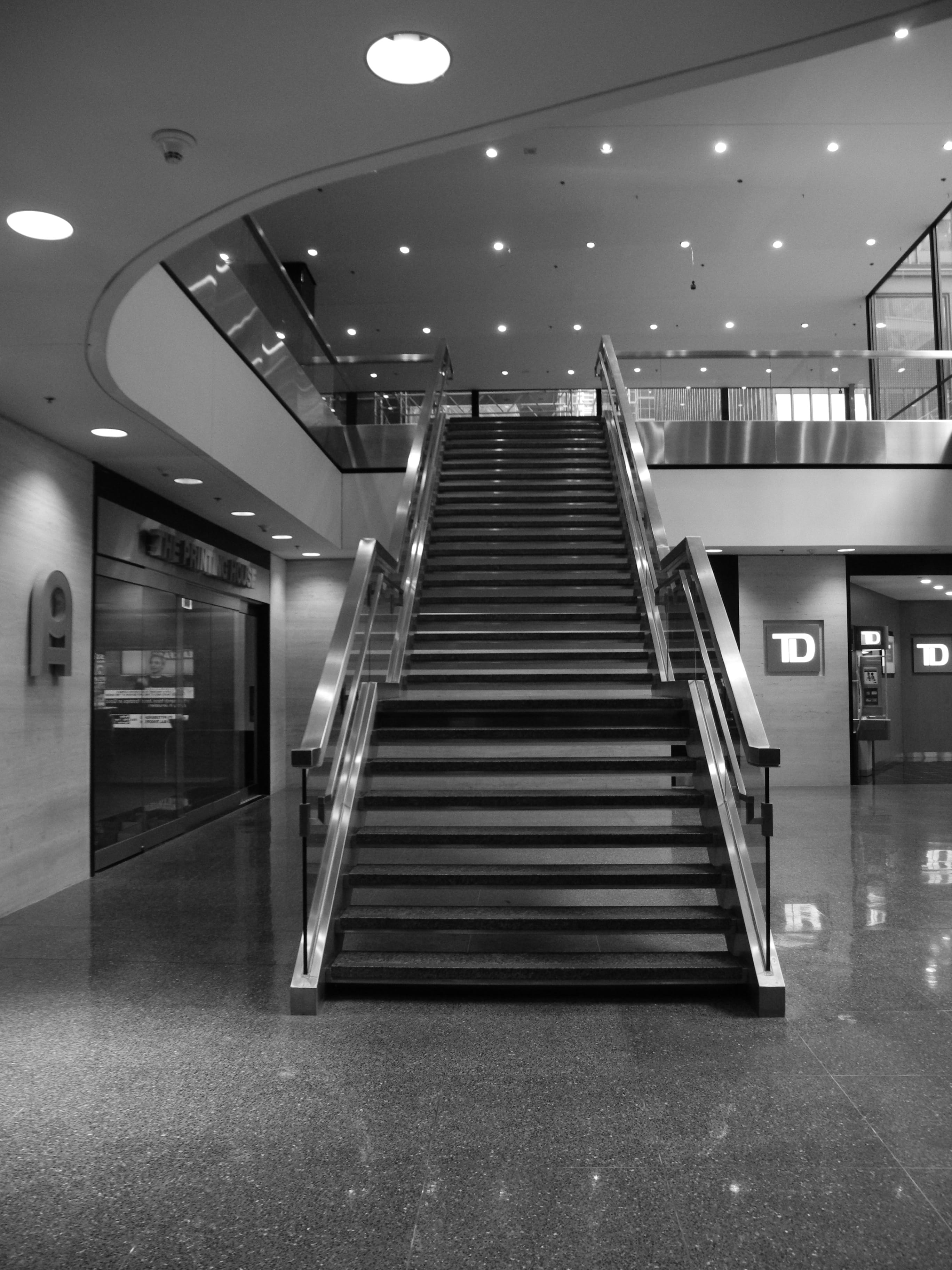 modern, Architecture, low angle view, transportation, stairway, 2K, railing, recessed light, escalator, steps, ceiling, no people, illuminated, built structure, Phone HD Wallpaper