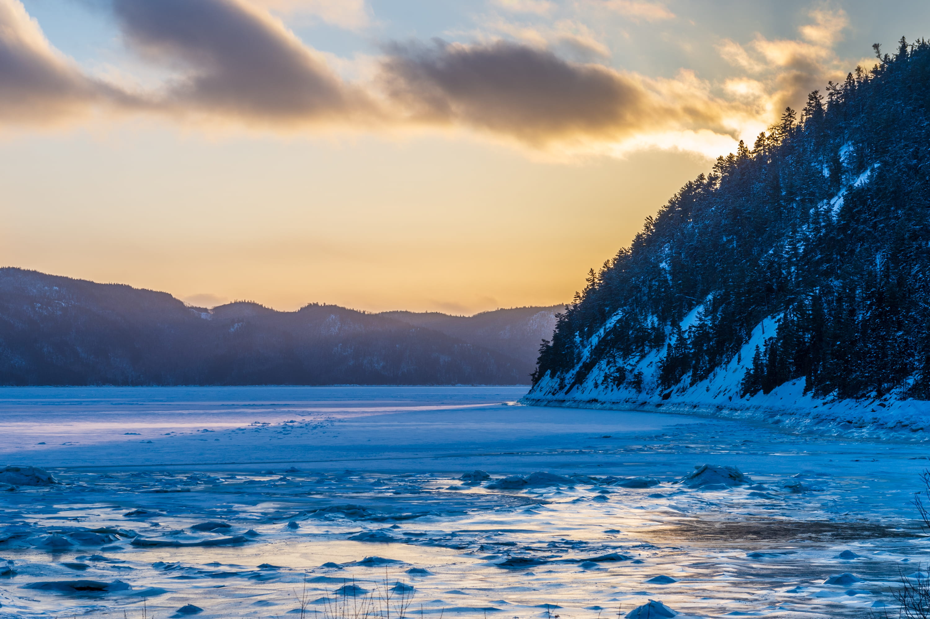 2K, sea, scenics - nature, beauty in nature, tree, ste rose du nord, ice, no people, plant, outdoors, idyllic, ocean, panoramic, fir, nature, orange color, HD Wallpaper