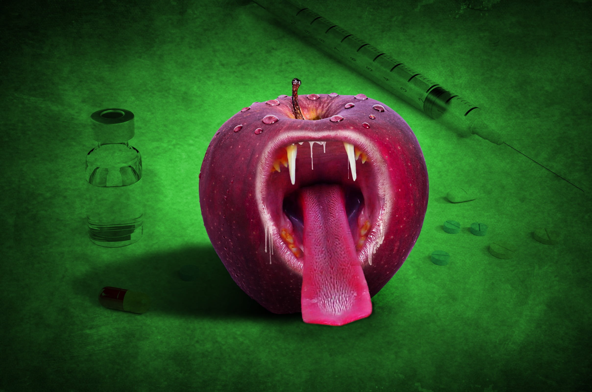 fruit, prevent, apple - fruit, heart shape, ill, wellbeing, vitamins, tablet, freshness, close-up, 1080P, medical, artwork, face, attack, viruses, virus, HD Wallpaper