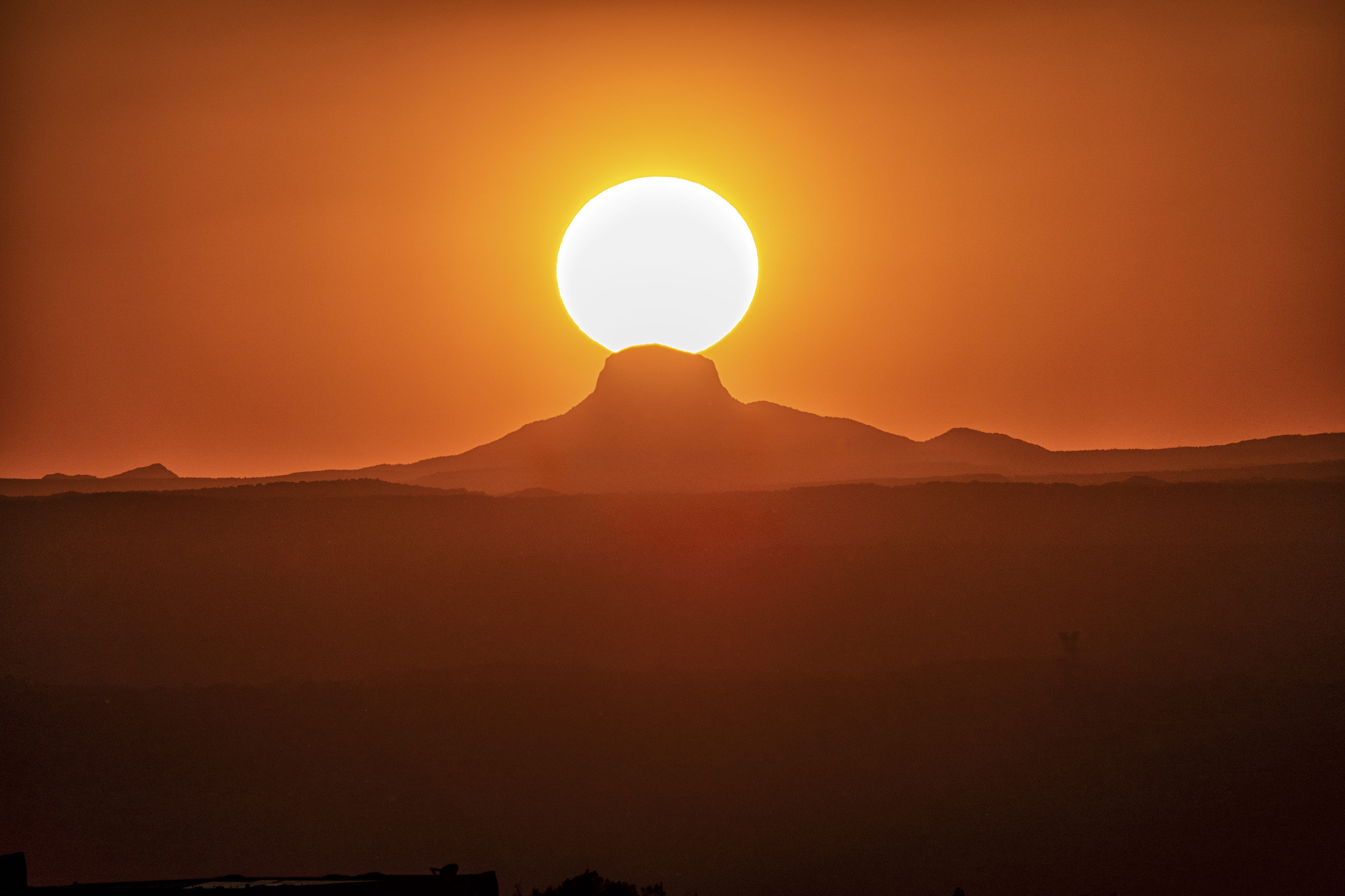 sunrise - Dawn, outdoors, sky, orange sky, volcanic plug, desert, night, mountain silhouette, red, sunset, travel, discover, sunrise, yellow, hill, range, HD Wallpaper