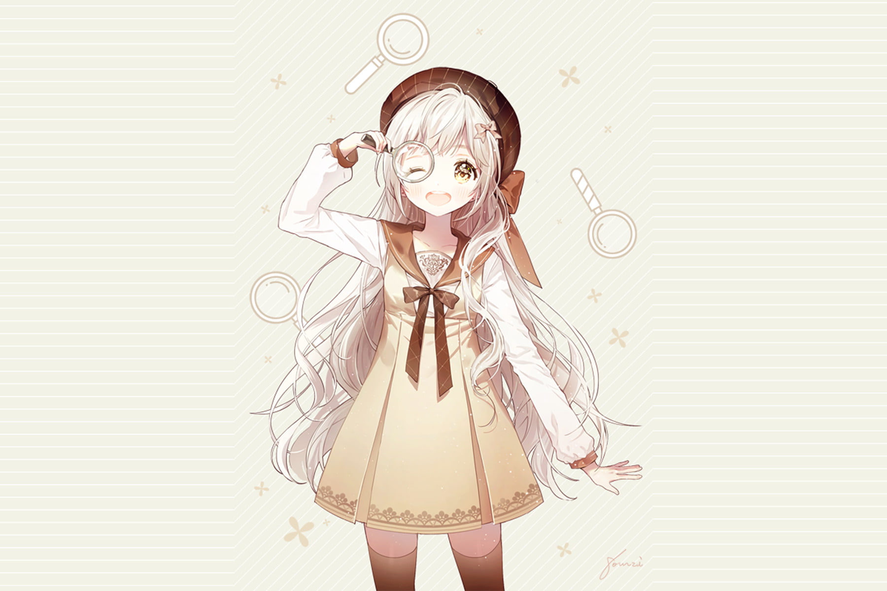 Anime, Long Hair, 720P, Magnifying Glass, Dress, Yellow Eyes, Original, White Hair, HD Wallpaper