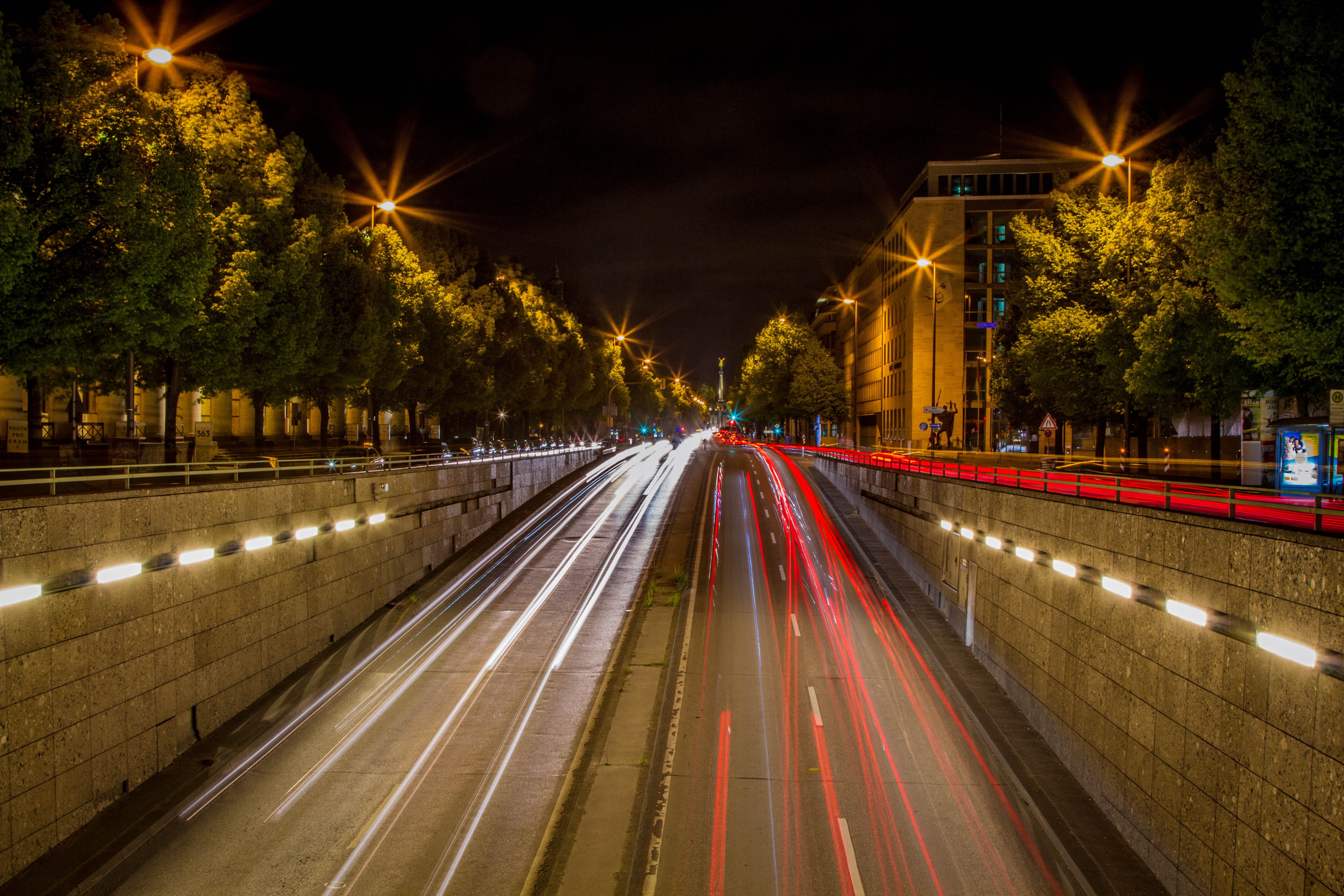 mode of transportation, street light, time, highway, autos, architecture, time lapse, speed, illuminated, sign, city, light tracks, direction, motion, tree, HD Wallpaper