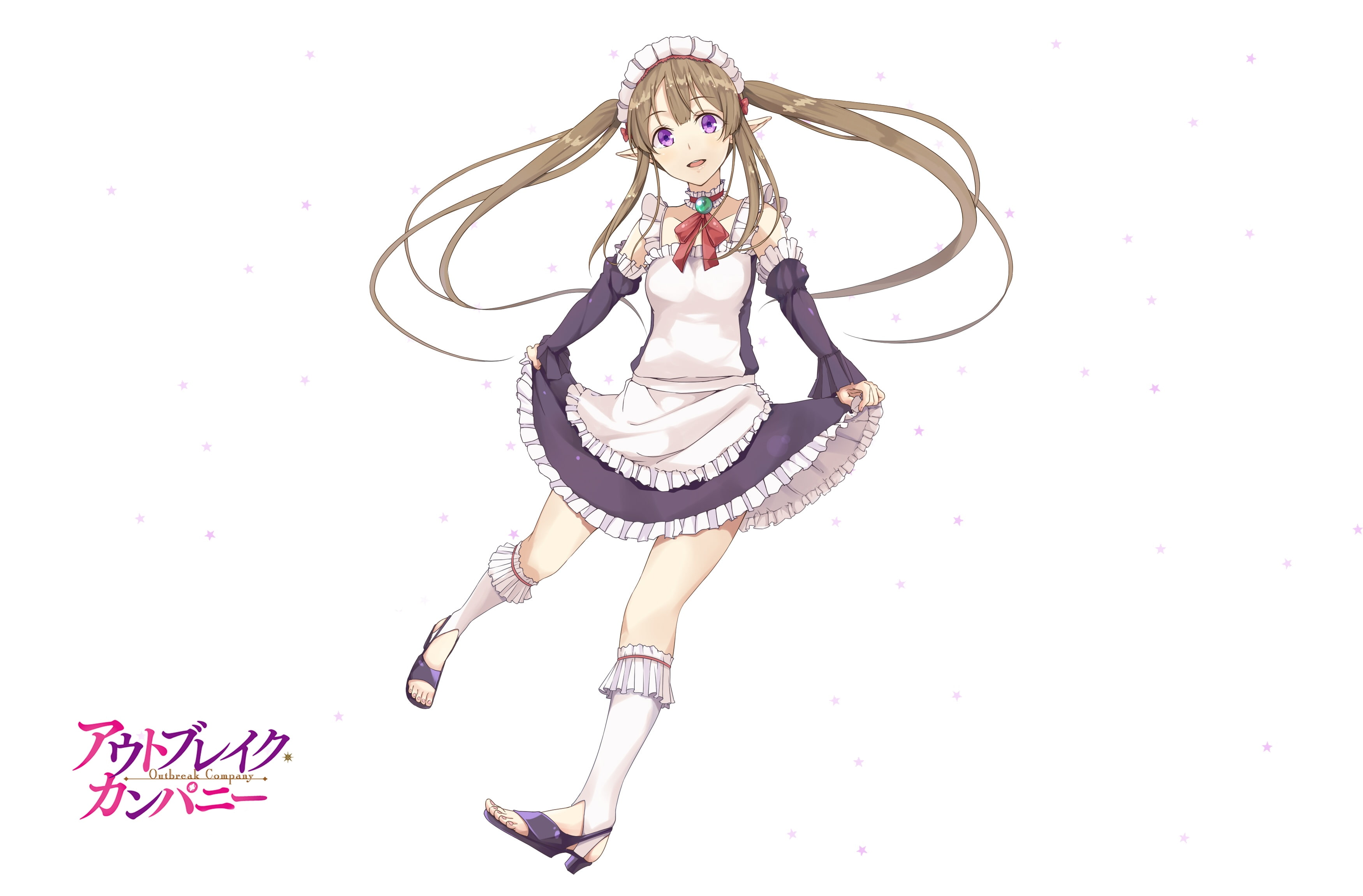 maid, pointed, haine, myuseru, photoshop, company, eyes, ears, outbreak, purple, 2K, logo, brown, headdress, hair, white, kneehighs, foaran, long, twintails, HD Wallpaper