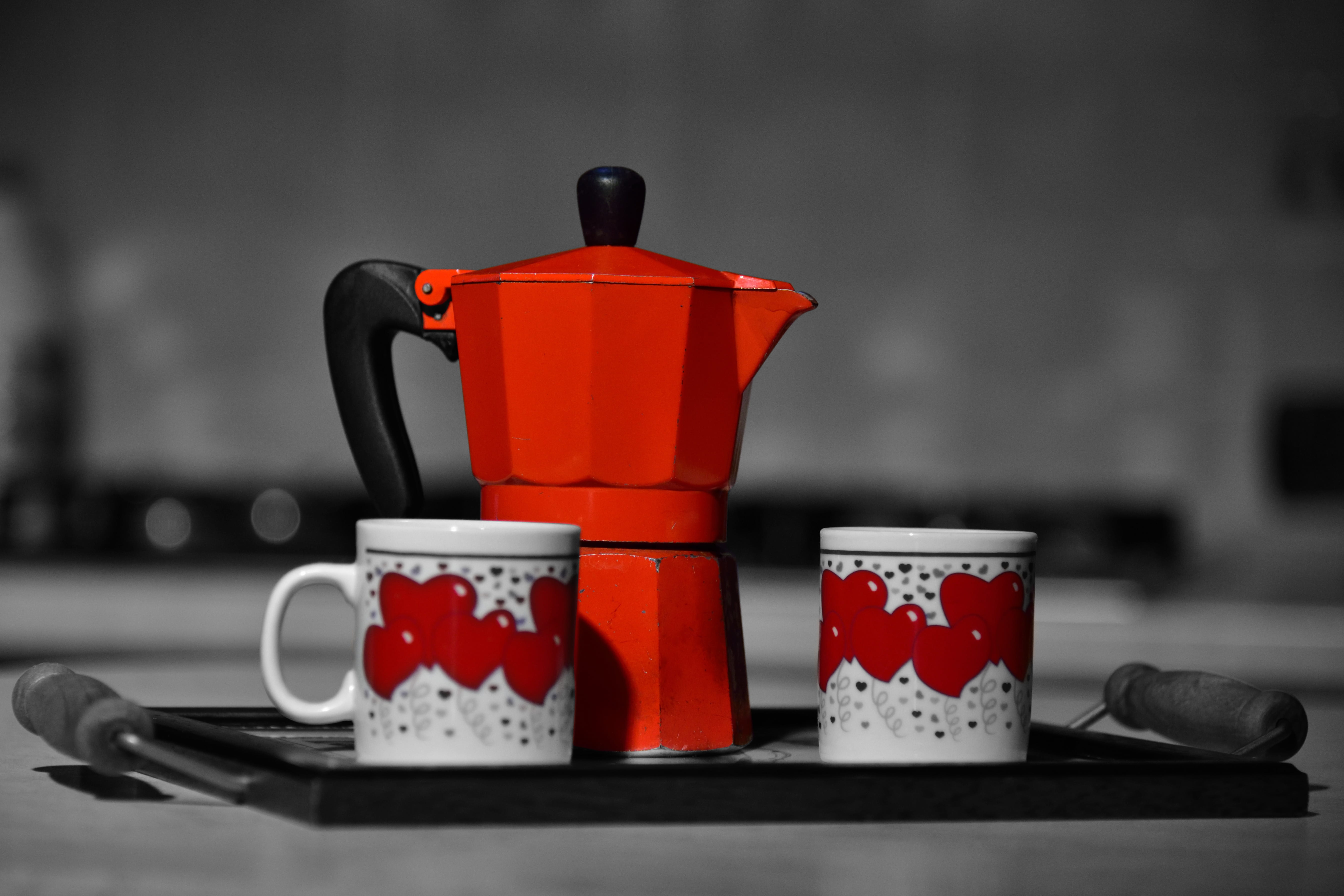 heat - Temperature, indoors, Breakfast, close-up, household equipment, home, 5K, tea cup, tea - Hot Drink, preparation, red, appliance, Moka, drink, focus on foreground, HD Wallpaper
