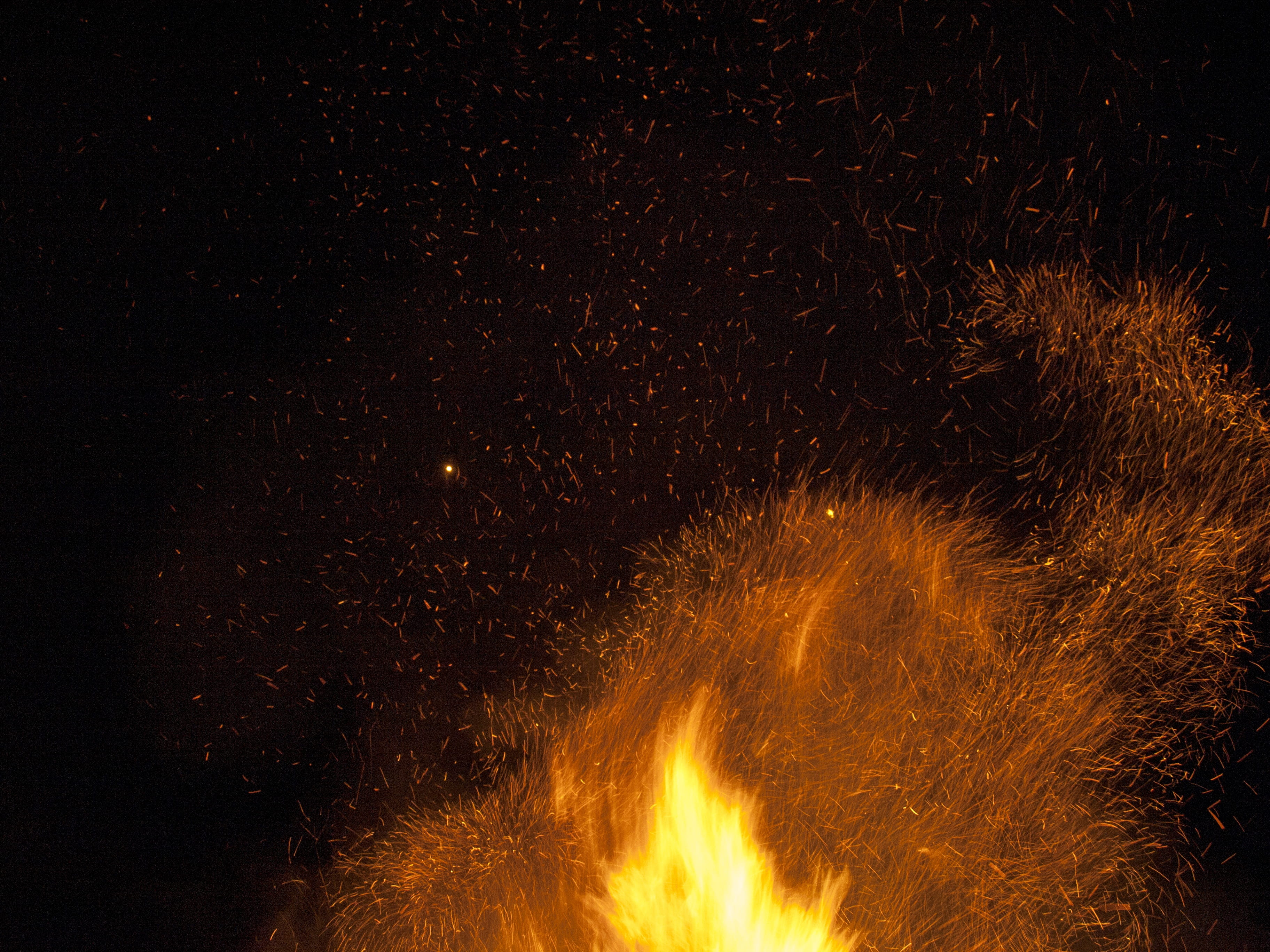 no people, Fire, yellow, blurred motion, orange color, bonfire, illuminated, 2K, nature, Flame, long exposure, Blazing, sky, dark, Night, burning, motion, HD Wallpaper