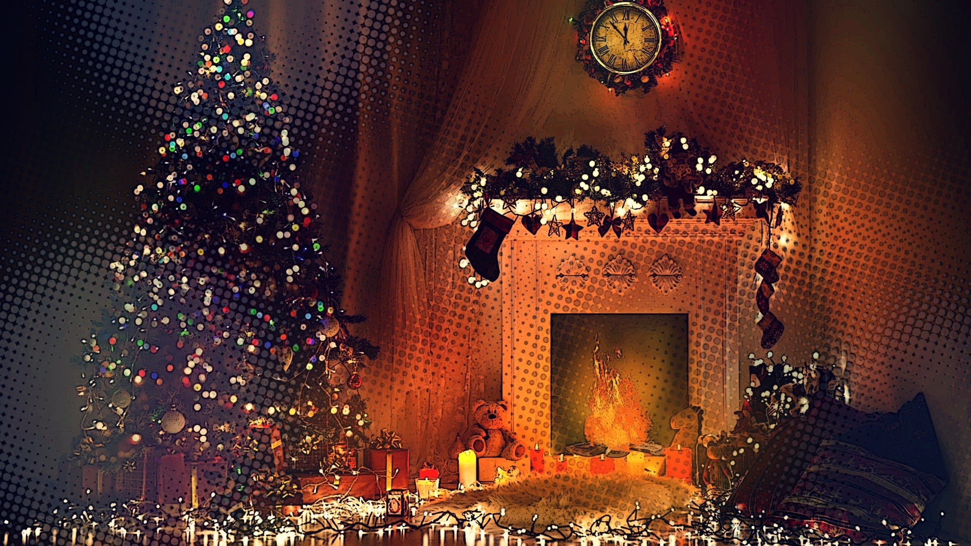 toys, clocks, fire, lights, fireplace, trees, Christmas, 1080P, HD Wallpaper