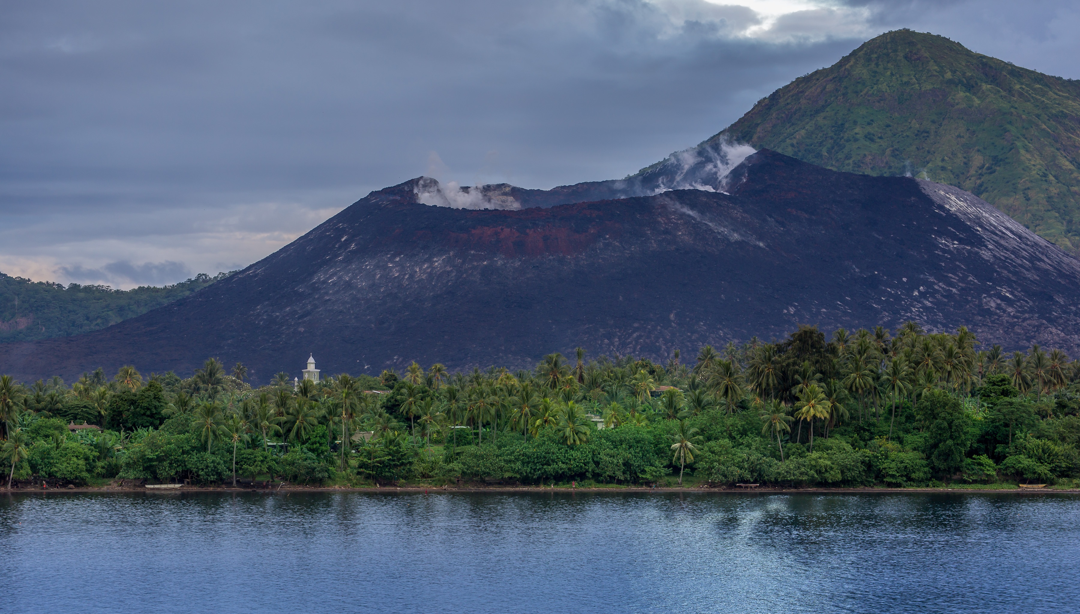 adventure, no people, sky, crater, tree, beauty in nature, tranquility, water, ash, active, landscape, smoke, mountain, steam, tranquil scene, remote, eruption, HD Wallpaper