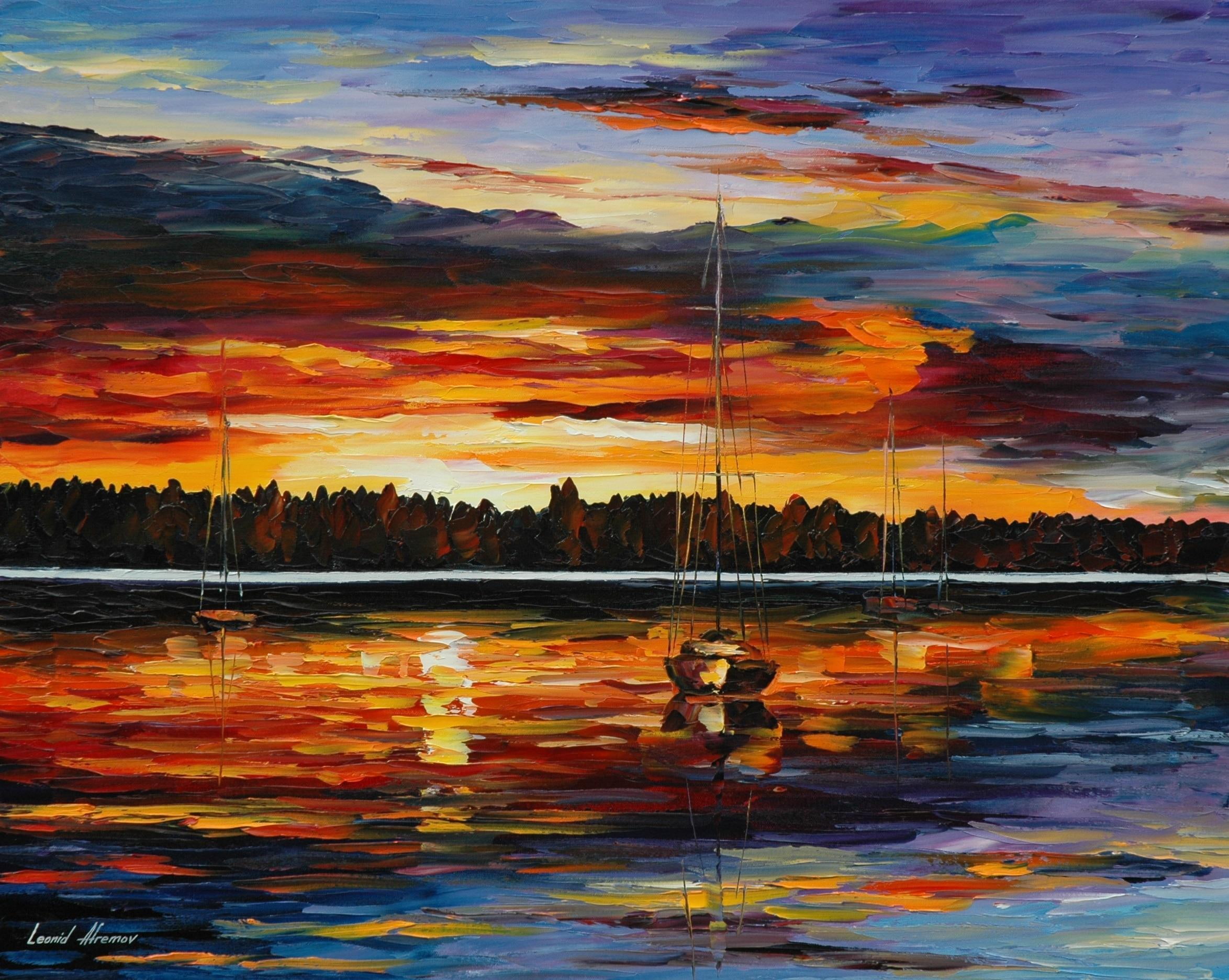 leonid afremow, afremow, 3d and abstract, 1080P, reproduction, sailboats, sunset, image, lake, leonid, HD Wallpaper