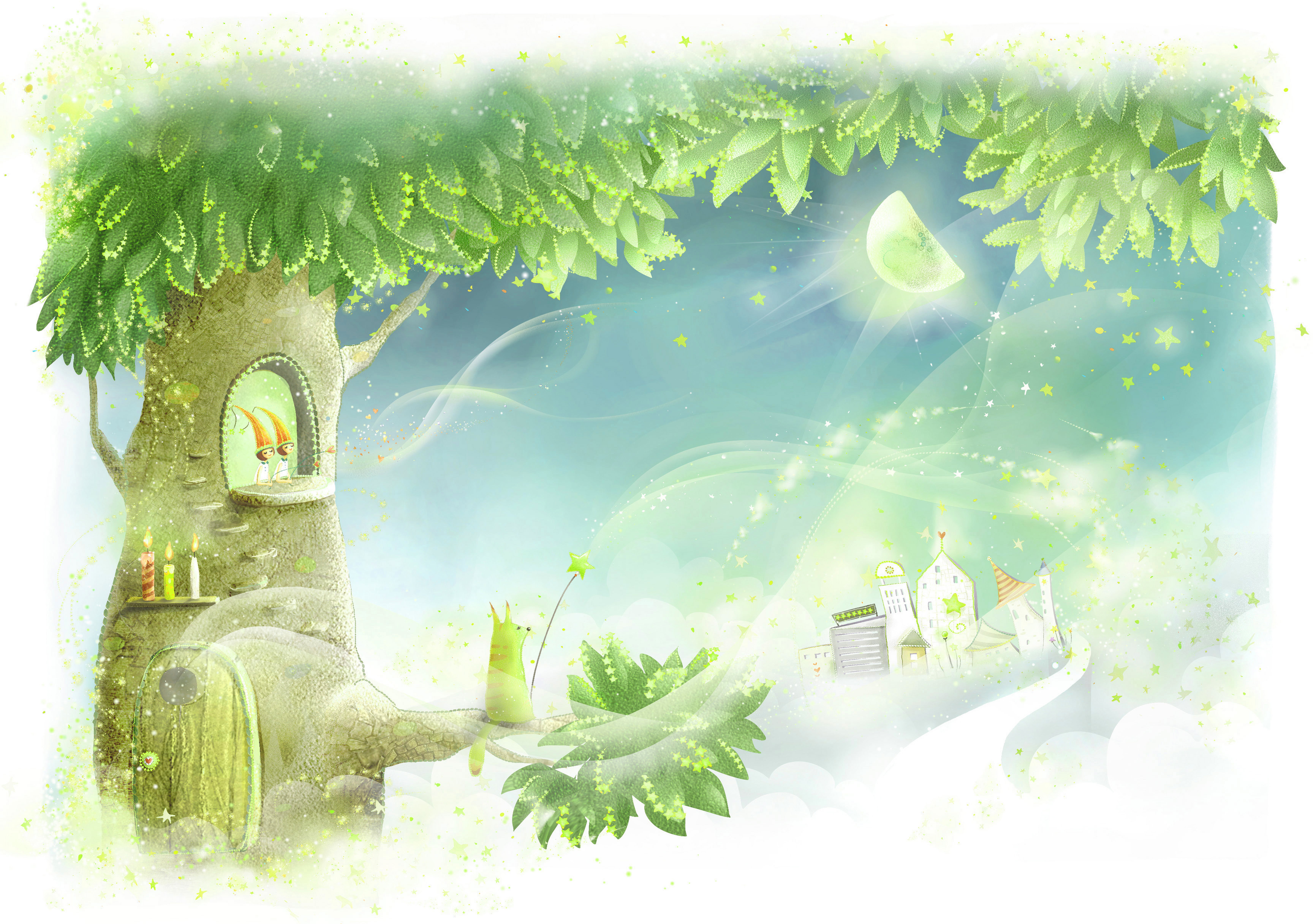 illustration, winter, nature, track, stars, the moon, celebration, green, leaf, plant, symbol, snow, rod, creativity, abstract, baby, blue, crown, HD Wallpaper